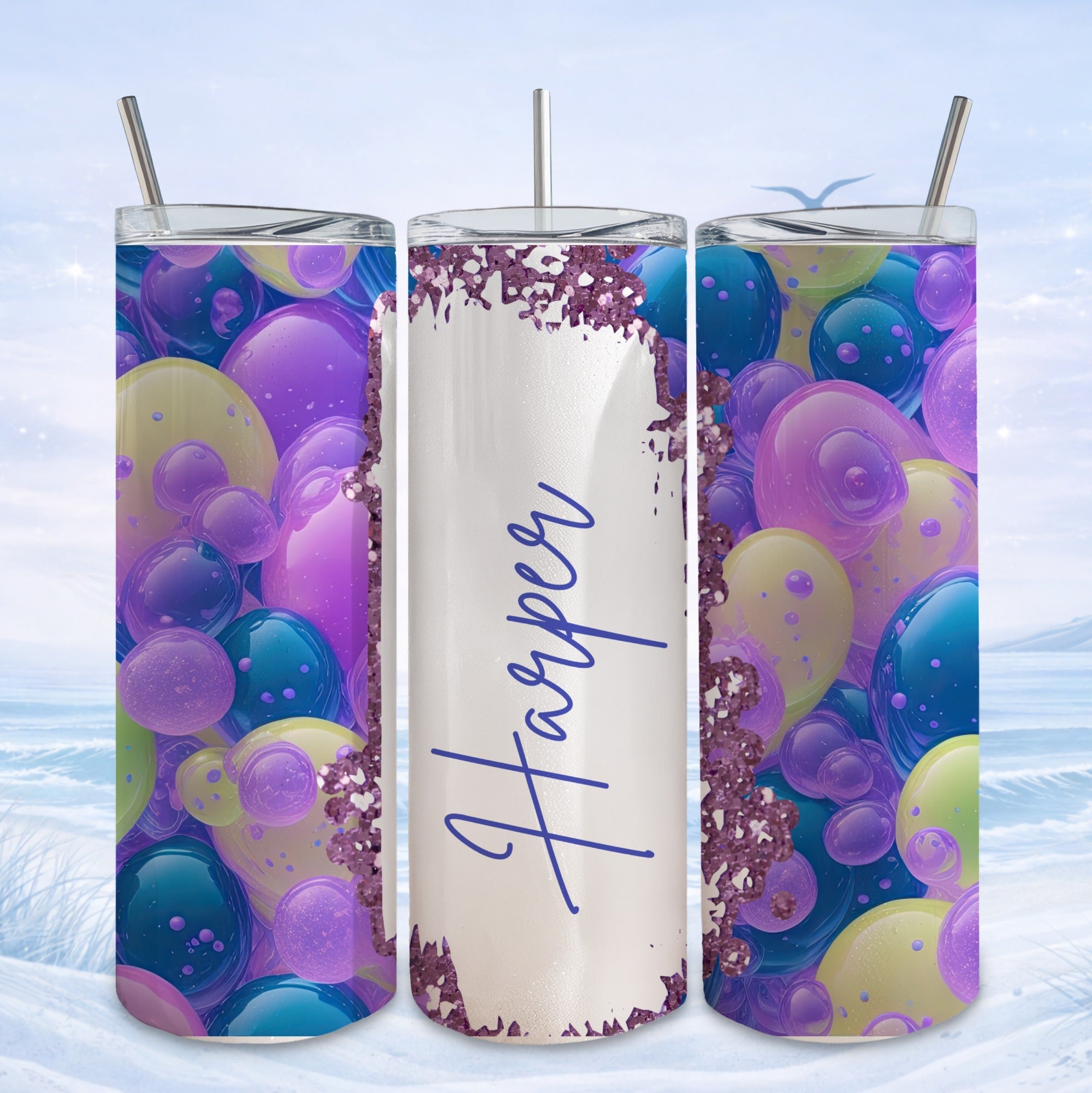 Triptych of tumblers featuring purple and blue spheres and glitter with "Harper" text.