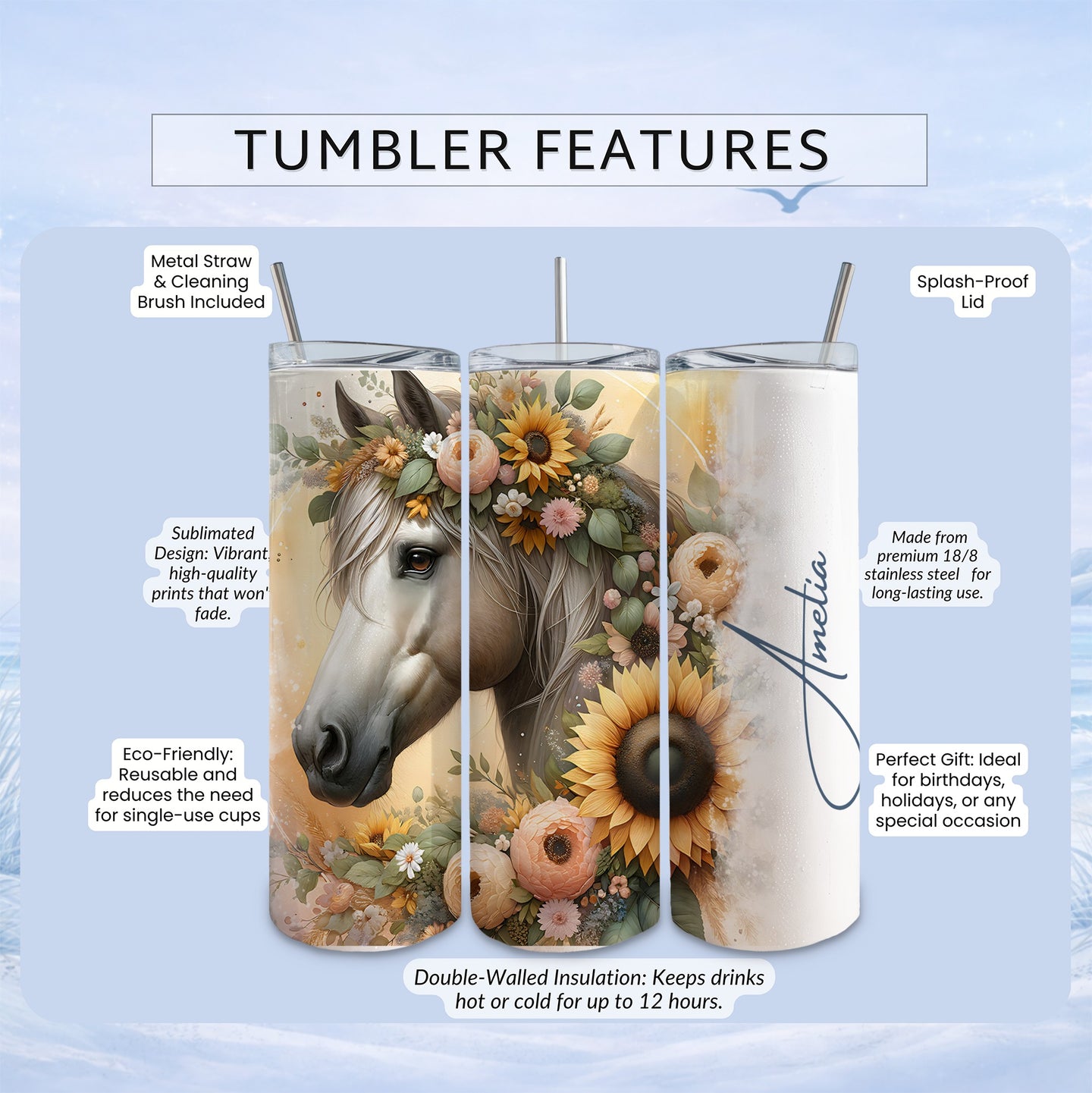 Horse and sunflower tumbler with personalized name "Amelia" and product features.