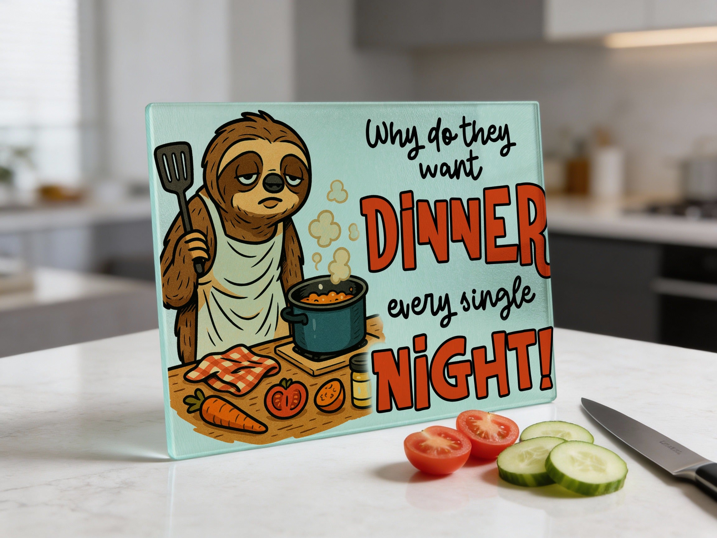 Sloth in apron cooks dinner, text reads "Why do they want DINNER every single NIGHT!".