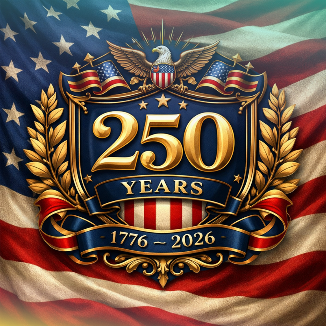 Gold emblem with "250 YEARS 1776-2026" text over US flag.