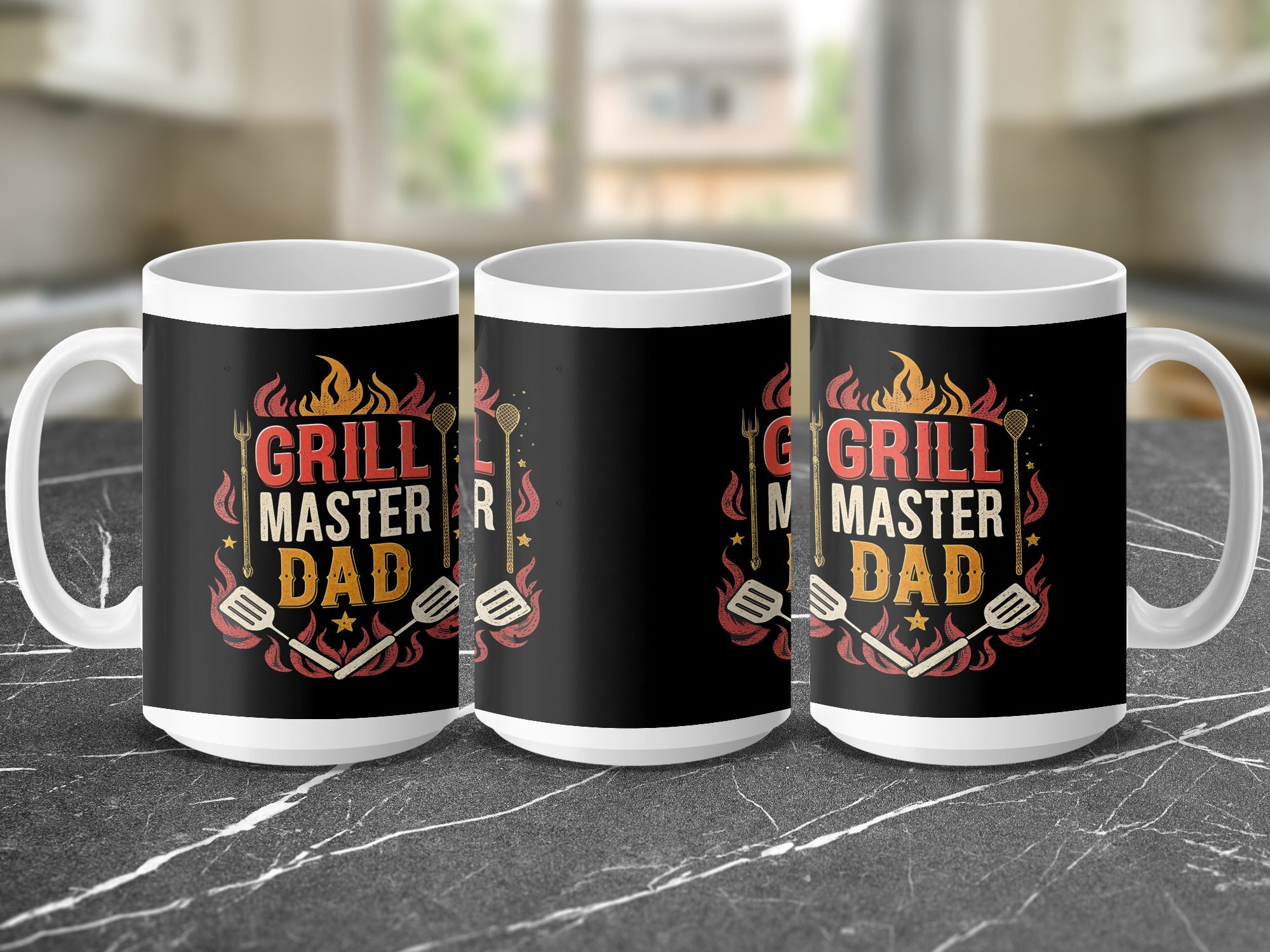 Mug with "Grill Master Dad" text, grill tools, and flames graphic.