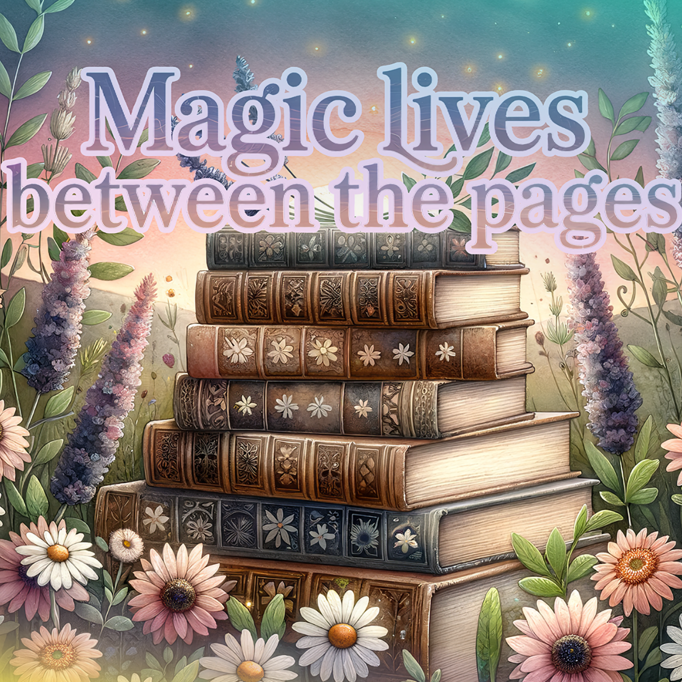 Stack of vintage books with flowers and text "Magic lives between the pages."