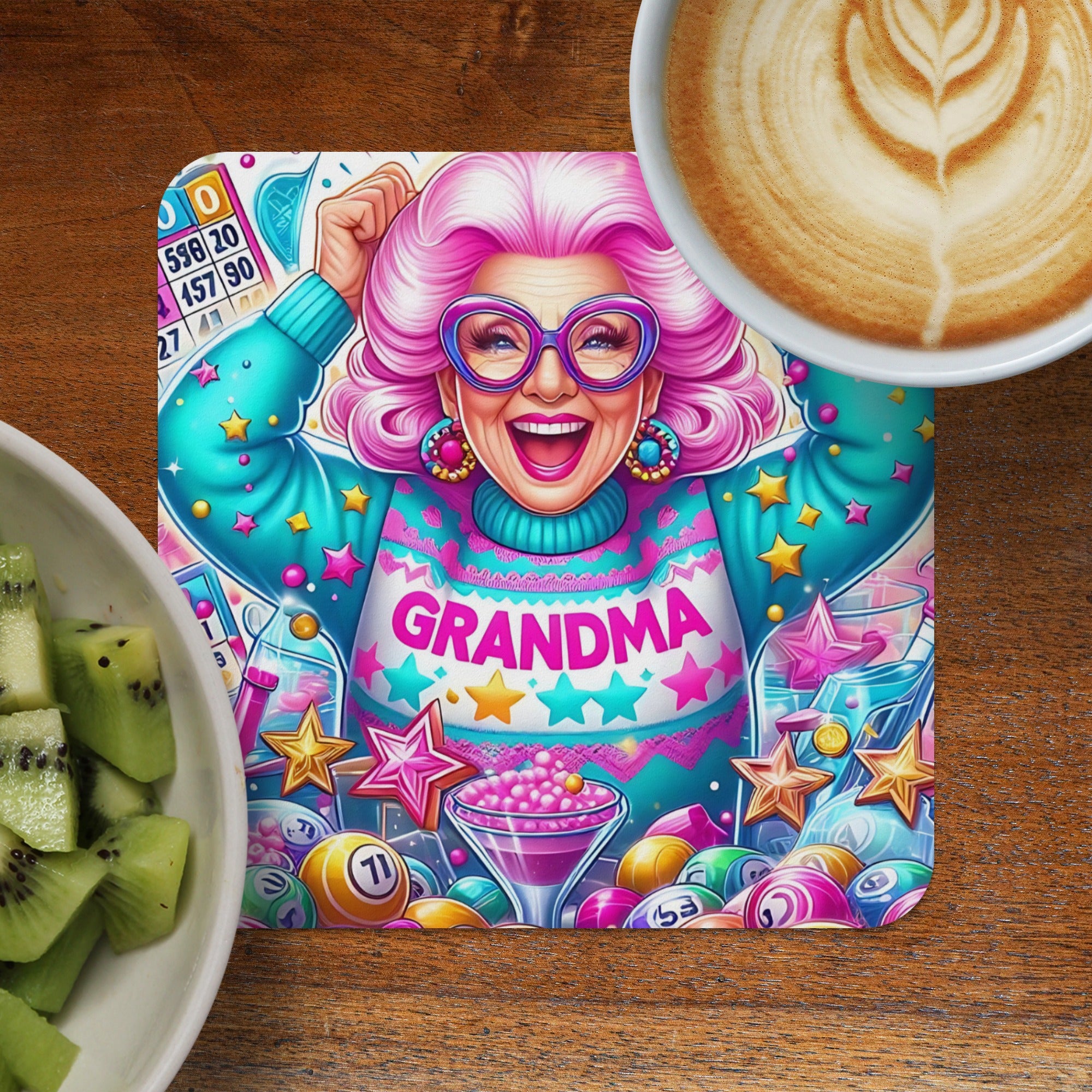 Grandma bingo coaster with coffee and kiwi in foreground.