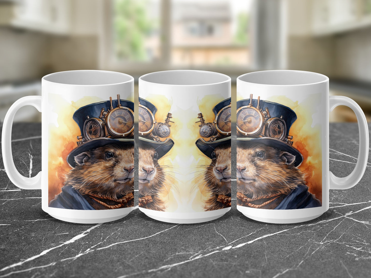 Steampunk groundhog wearing hat with goggles, on a white mug.