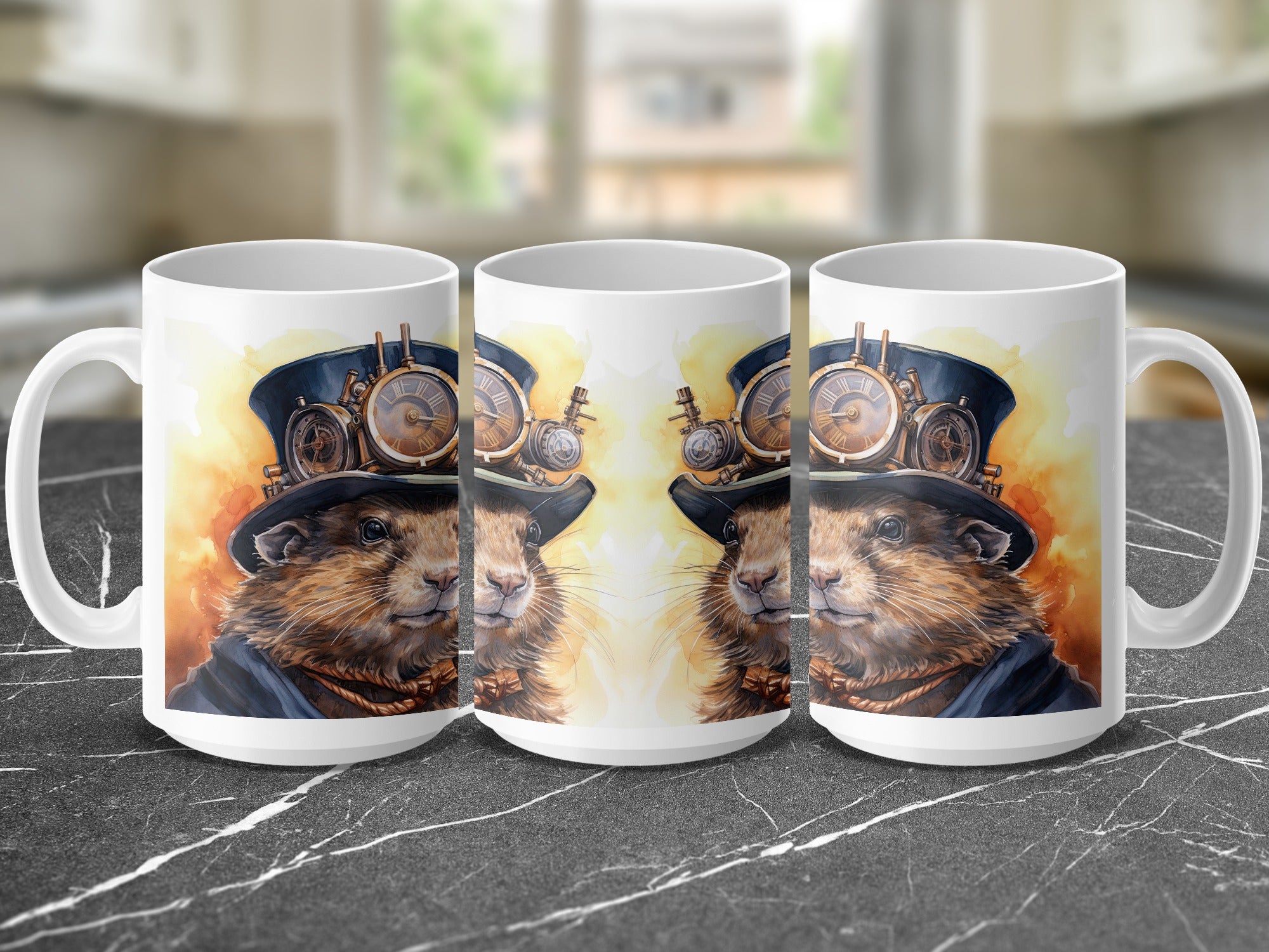 Steampunk groundhog wearing hat with goggles, on a white mug.
