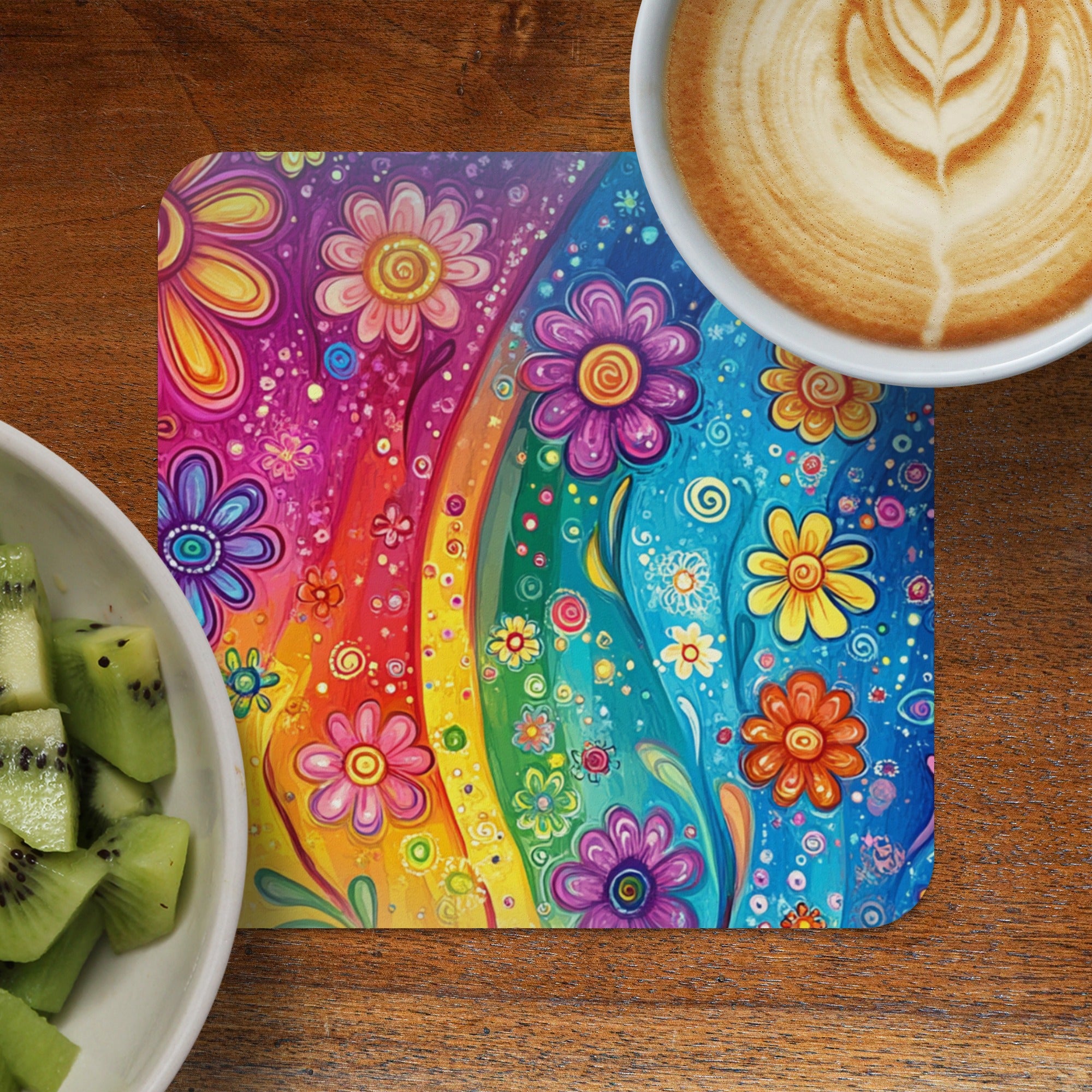 Colorful floral rainbow pattern coaster next to kiwi and latte.
