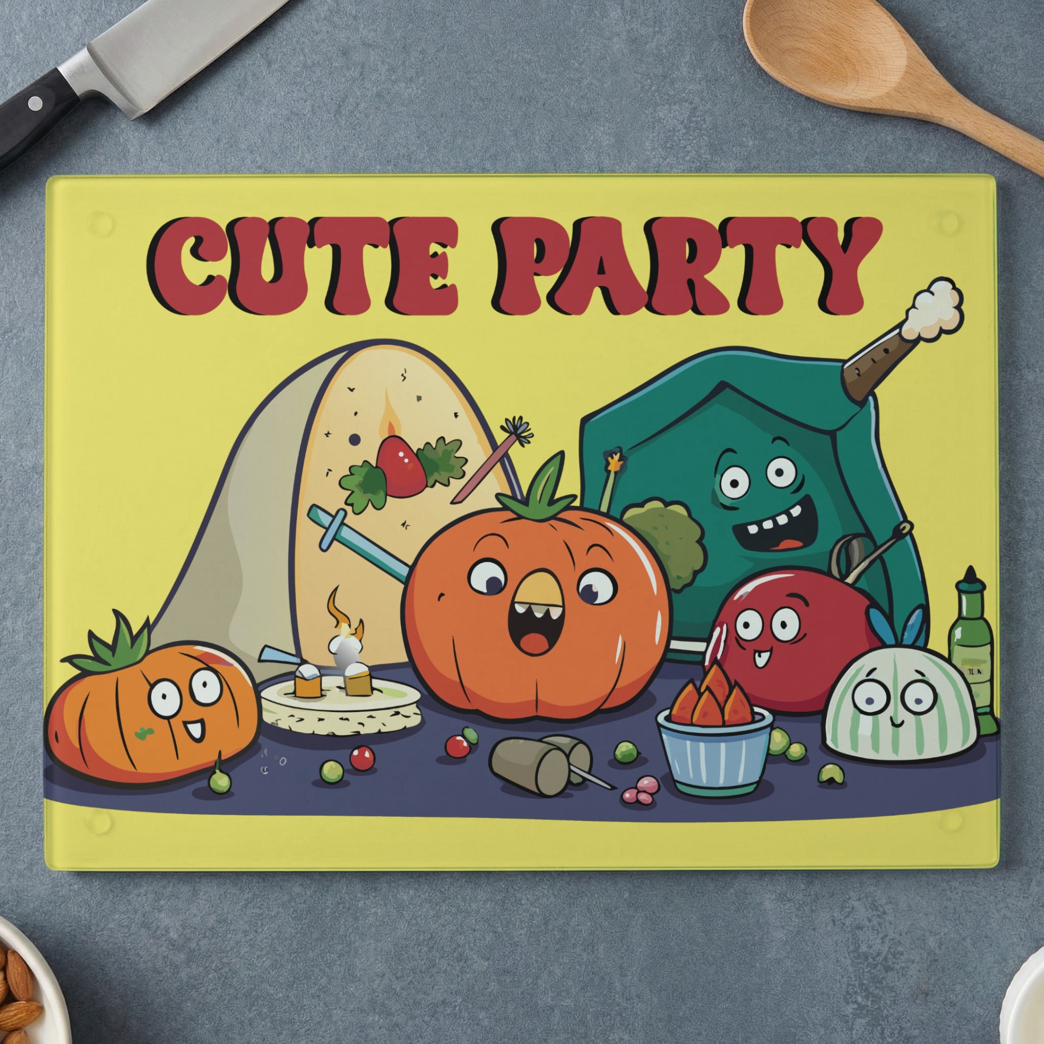 Cute food characters with "CUTE PARTY" text on a yellow background.