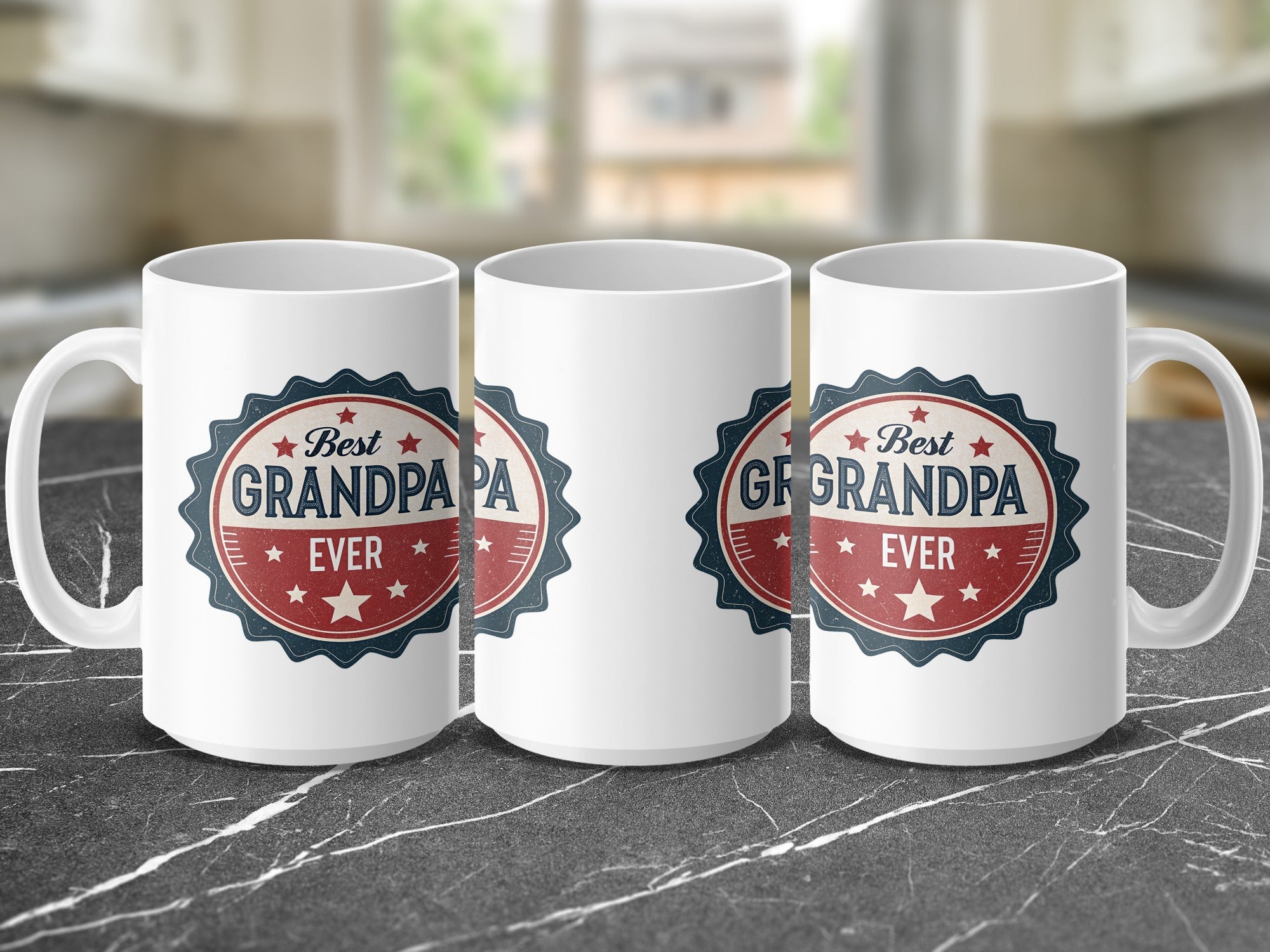 Three white mugs featuring a "Best Grandpa Ever" badge design.
