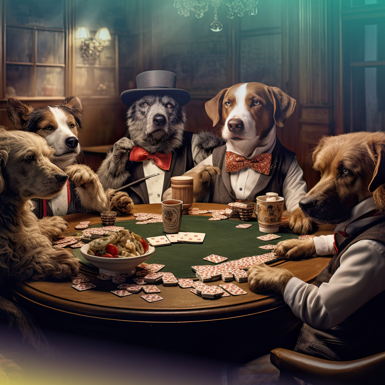 Dogs in formal wear play poker around a green felt table.