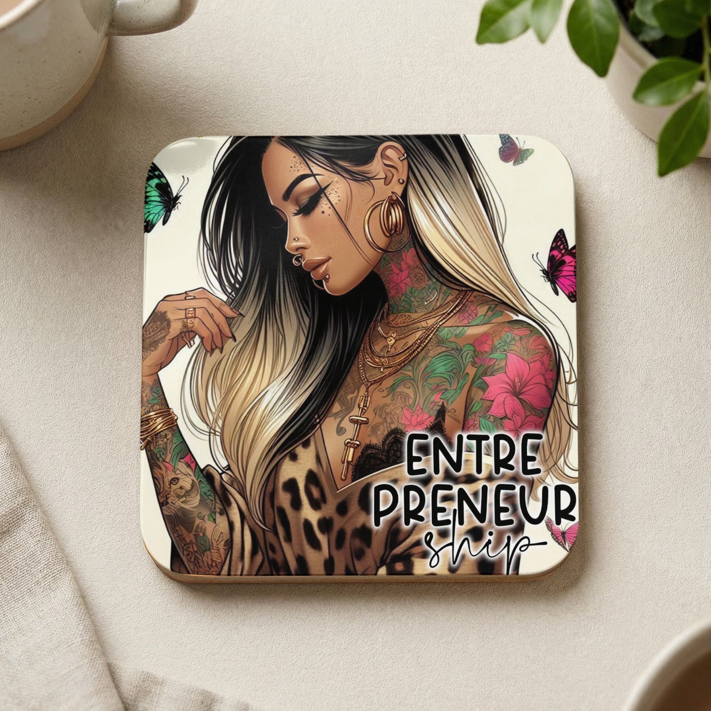 Woman with tattoos and butterflies, "Entrepreneurship" text on coaster.