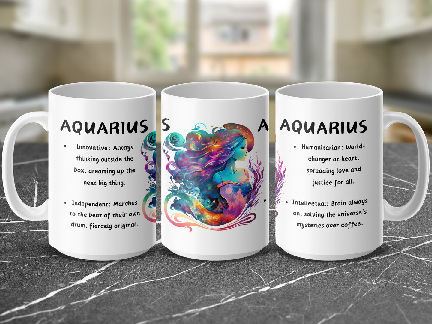 Aquarius mug with astrological traits and colorful zodiac artwork.
