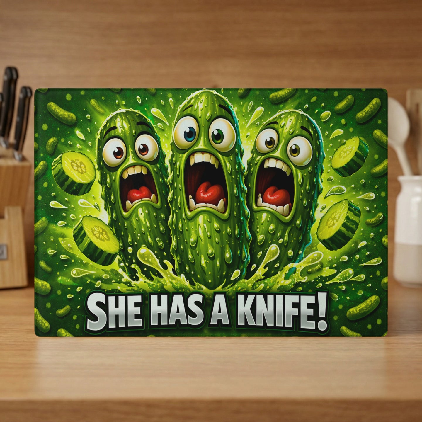 Three shocked cartoon pickles with mouths open wide, surrounded by pickle slices.