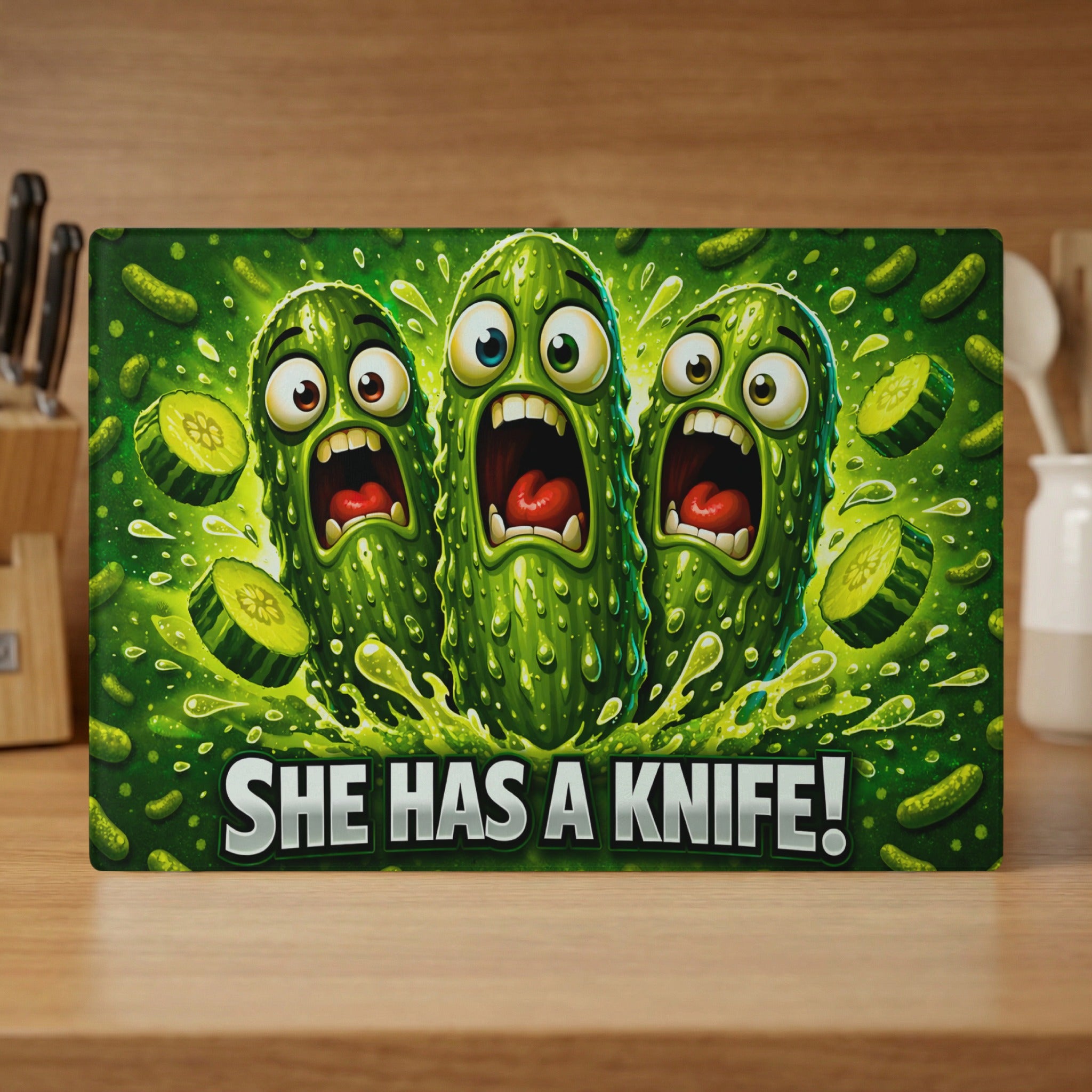 Three shocked cartoon pickles with mouths open wide, surrounded by pickle slices.