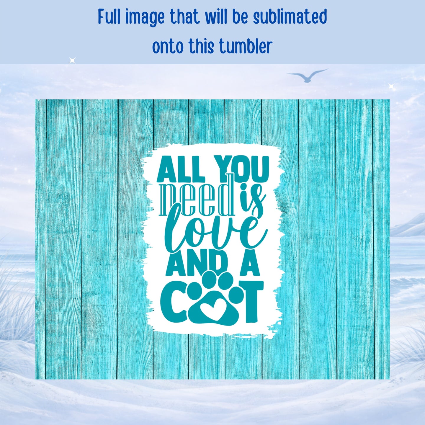 ALL YOU need is love AND A COT text on a blue wood background.