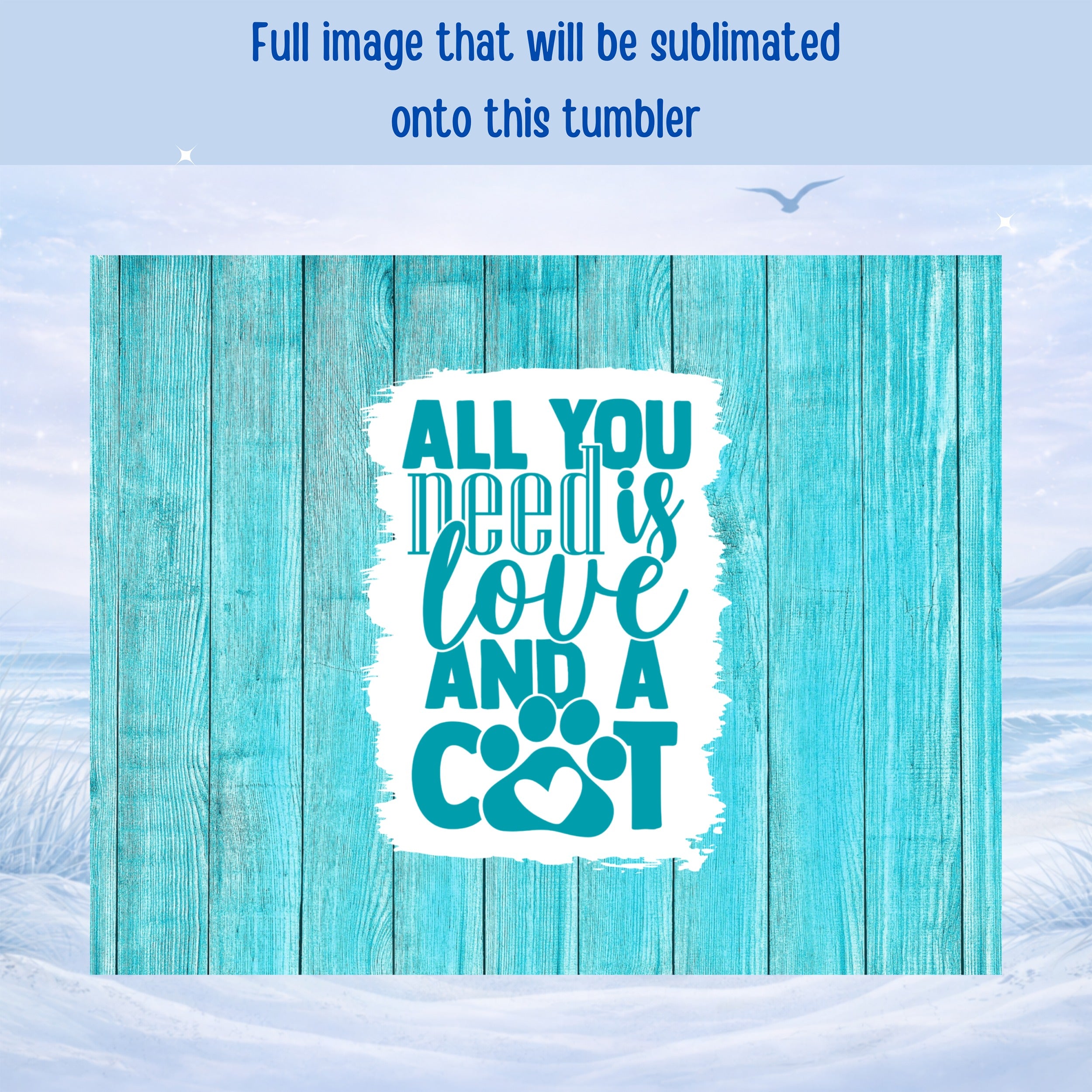 ALL YOU need is love AND A COT text on a blue wood background.