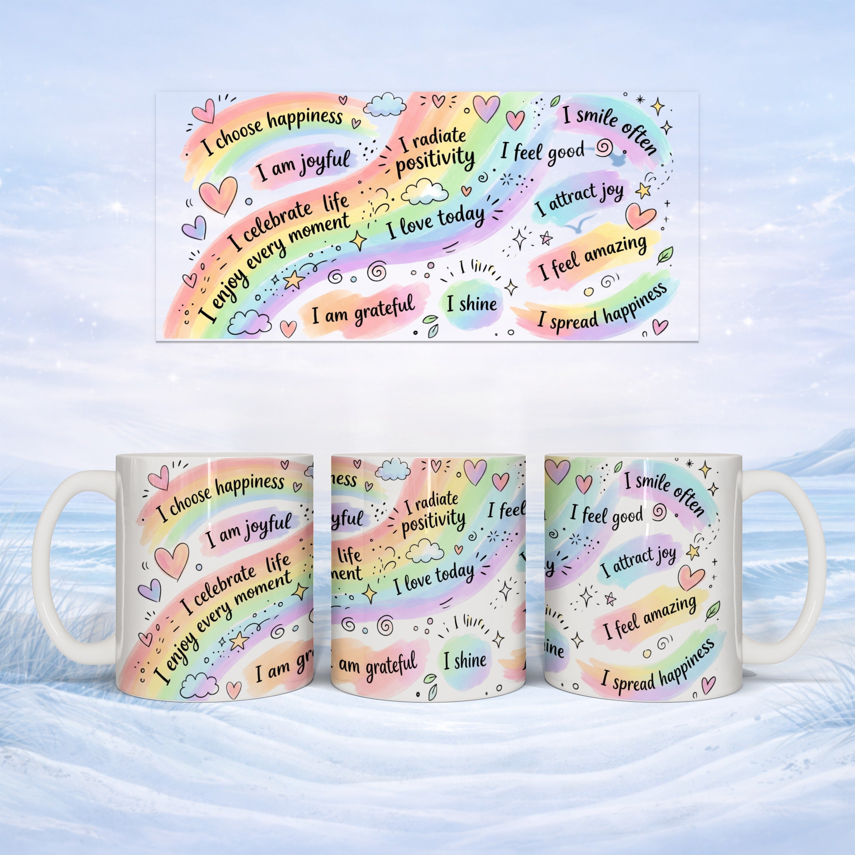 Mug with colorful handwritten positive affirmations on a snowy background.
