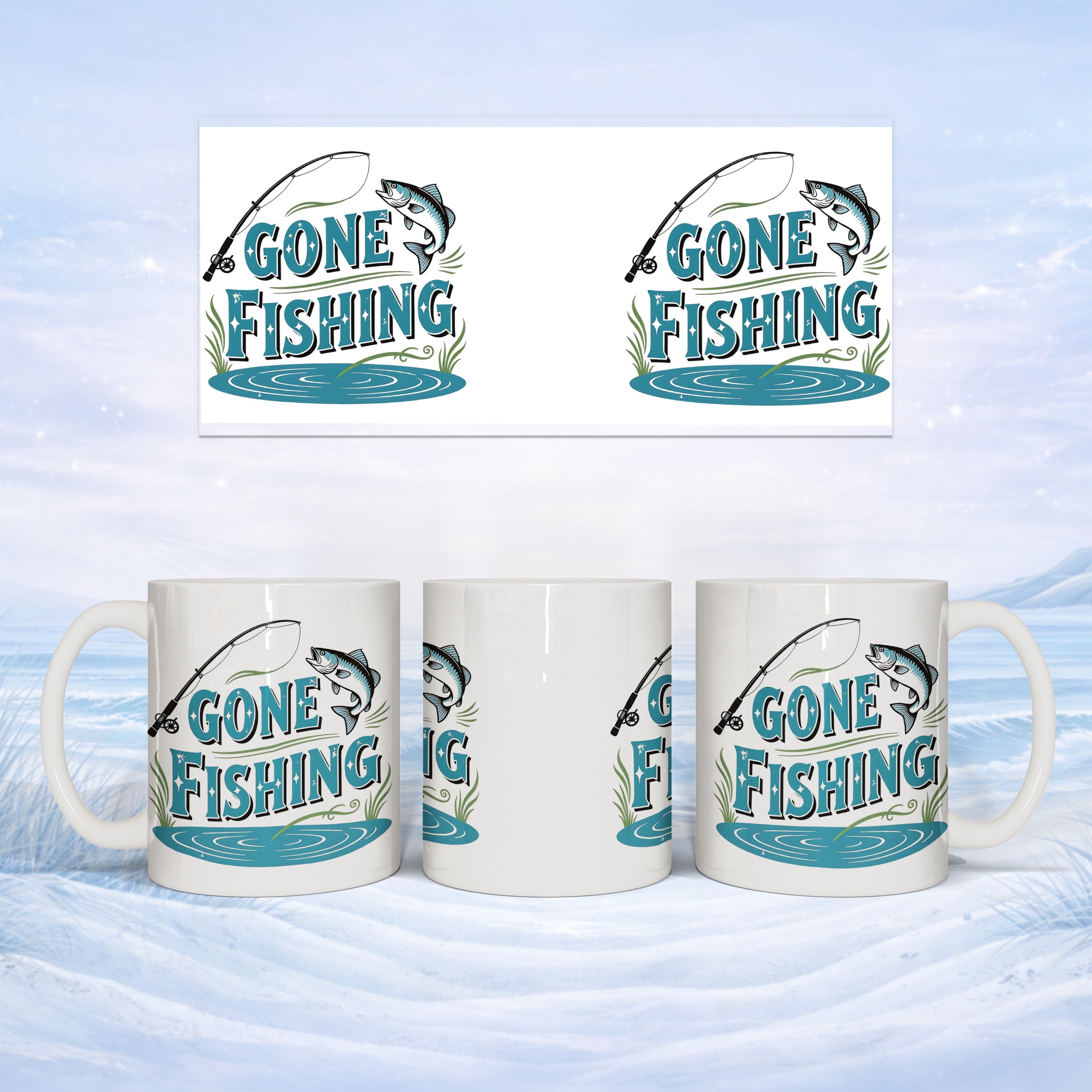 Mug with "Gone Fishing" text and fish graphic, shown from multiple angles.