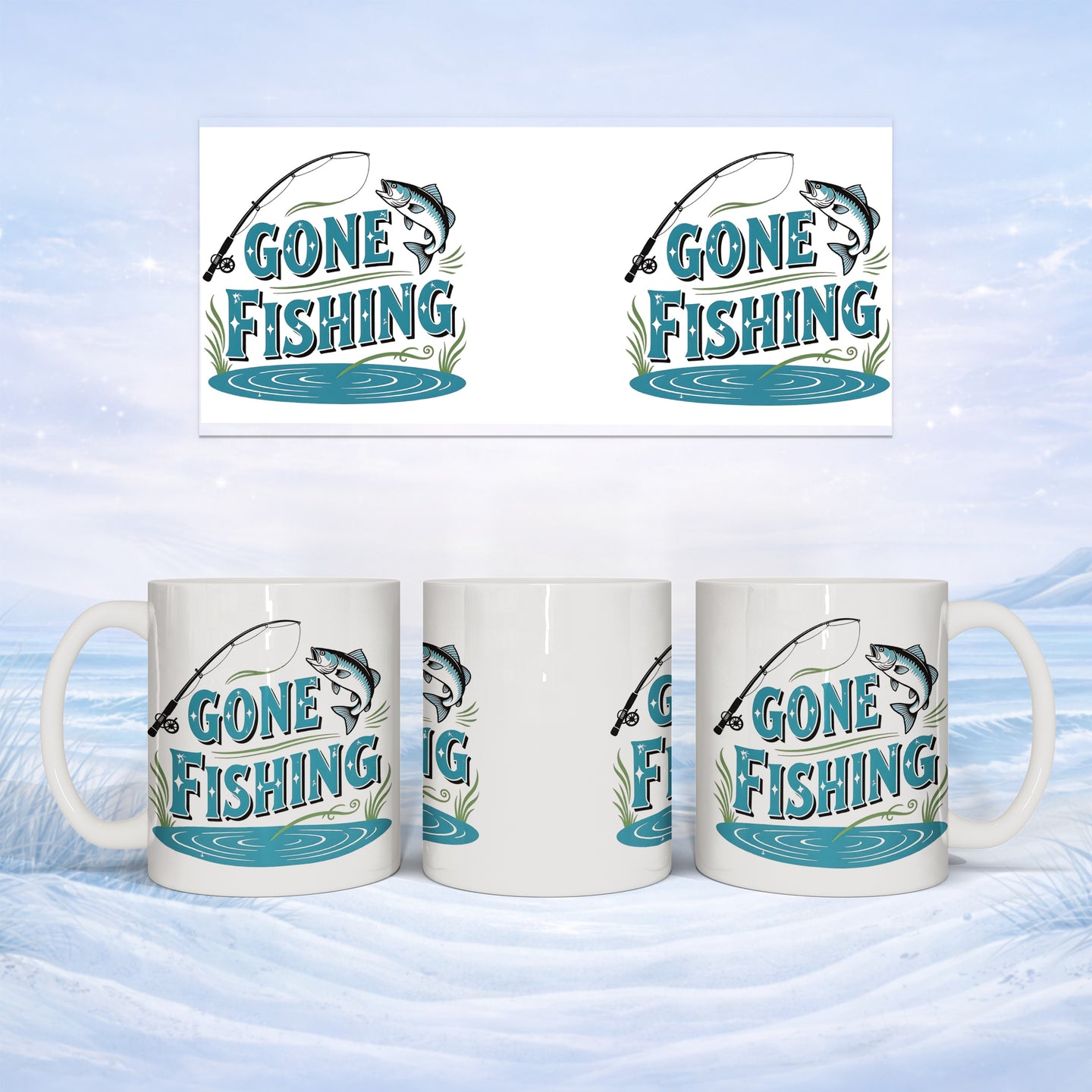 Mug with "Gone Fishing" text and fish graphic, shown from multiple angles.