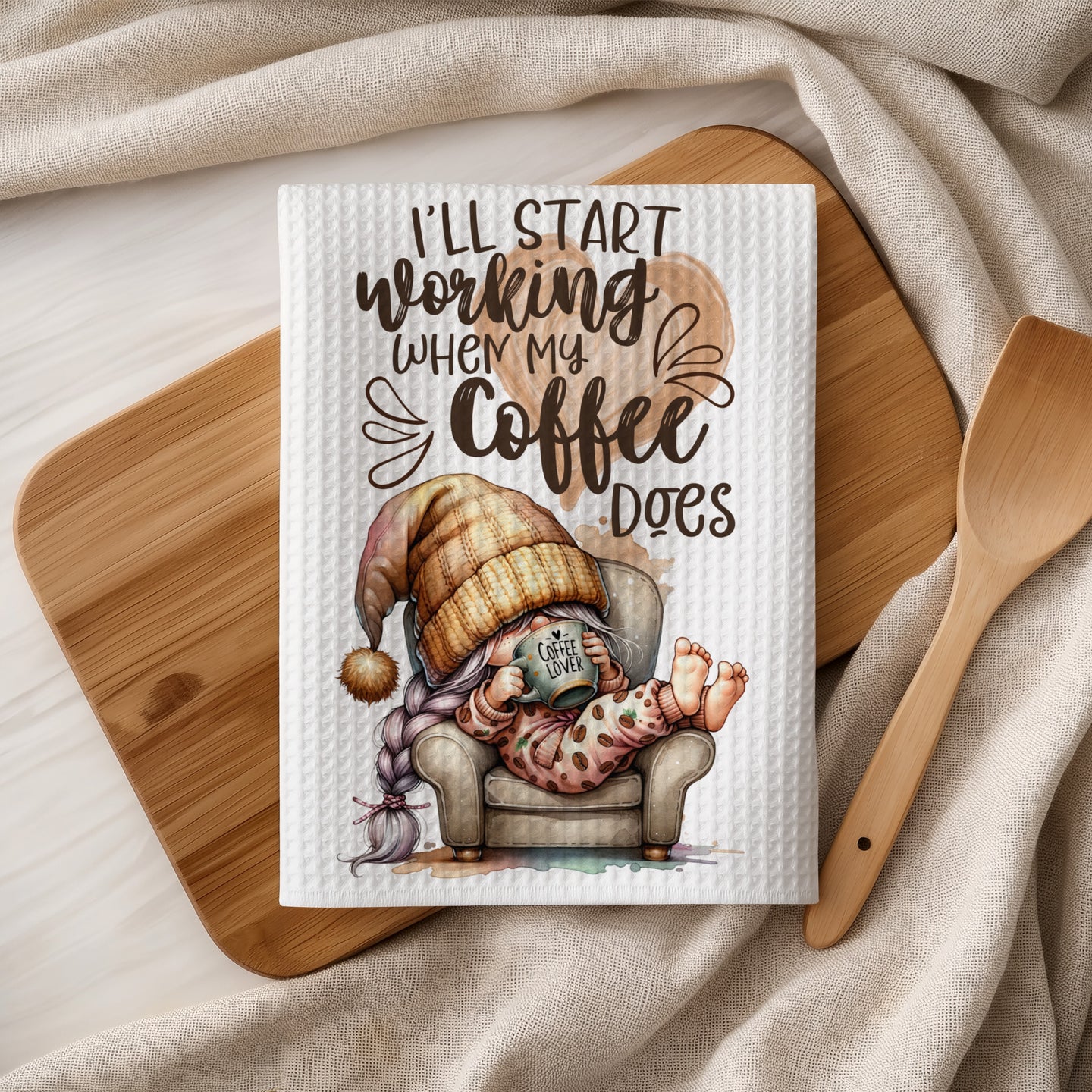 Gnome in pajamas and hat sits in armchair, holding coffee mug, with text.