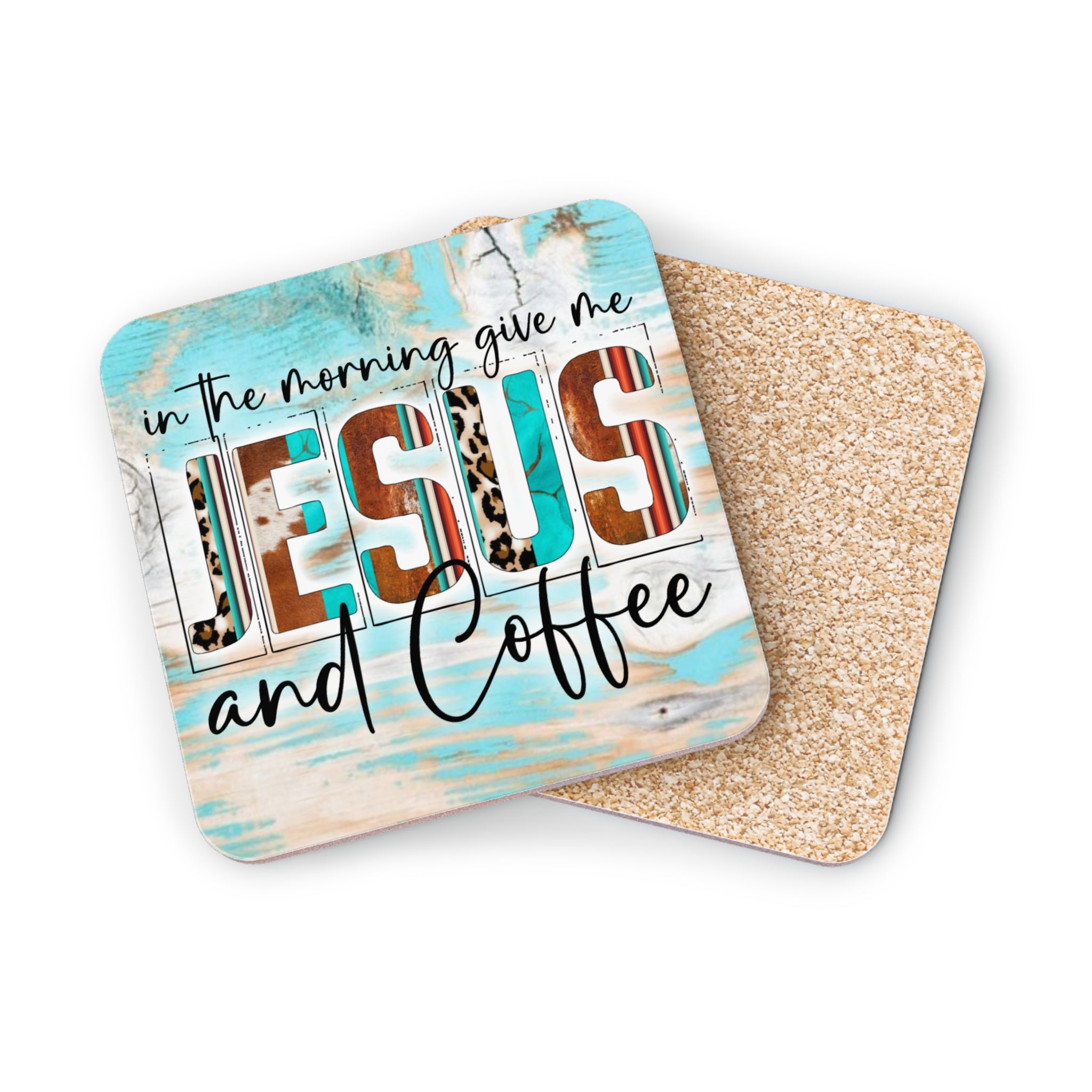 Coasters with "Jesus and Coffee" text and tribal print on wood background.