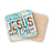 Coasters with "Jesus and Coffee" text and tribal print on wood background.
