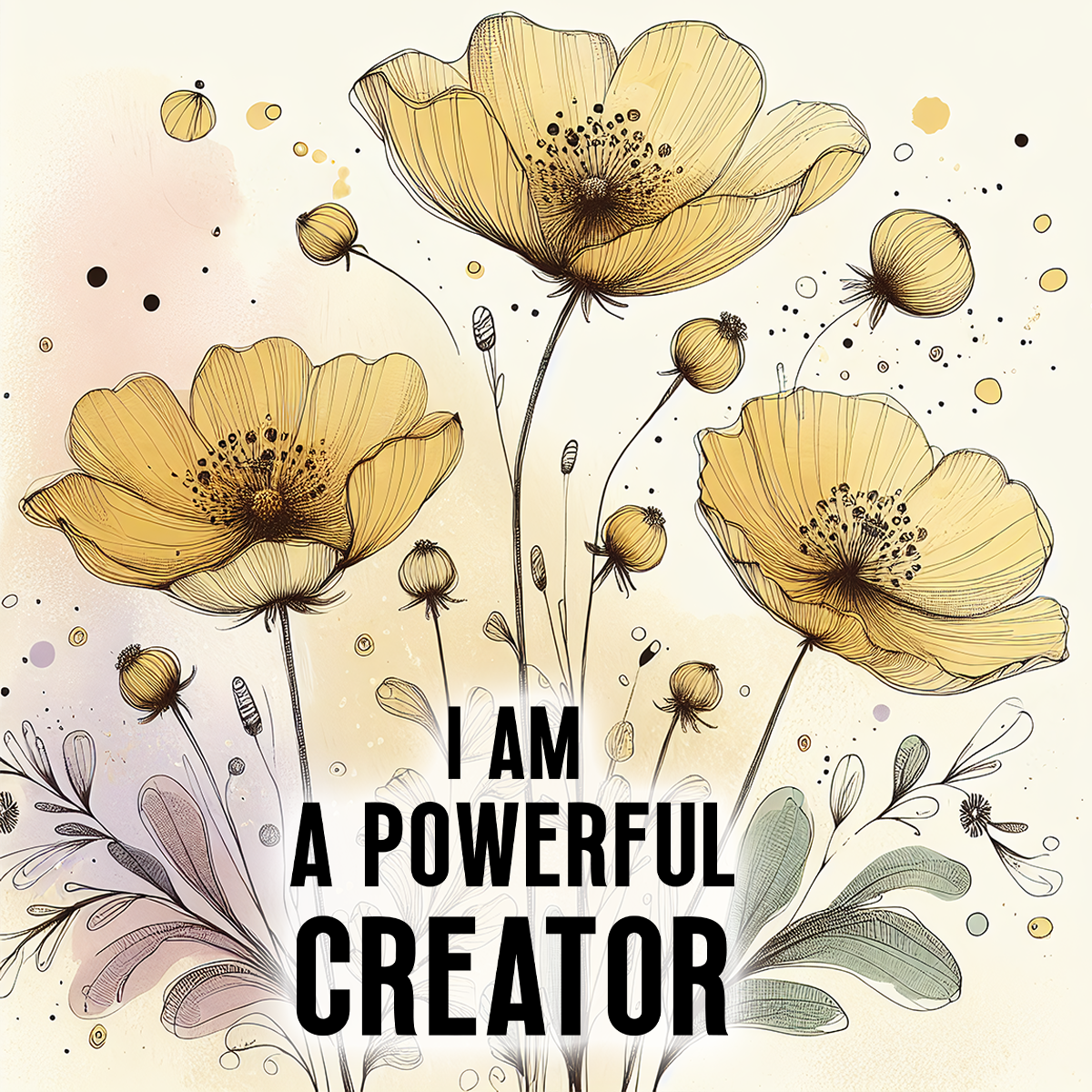 I AM A POWERFUL CREATOR text over yellow flowers with watercolor background.