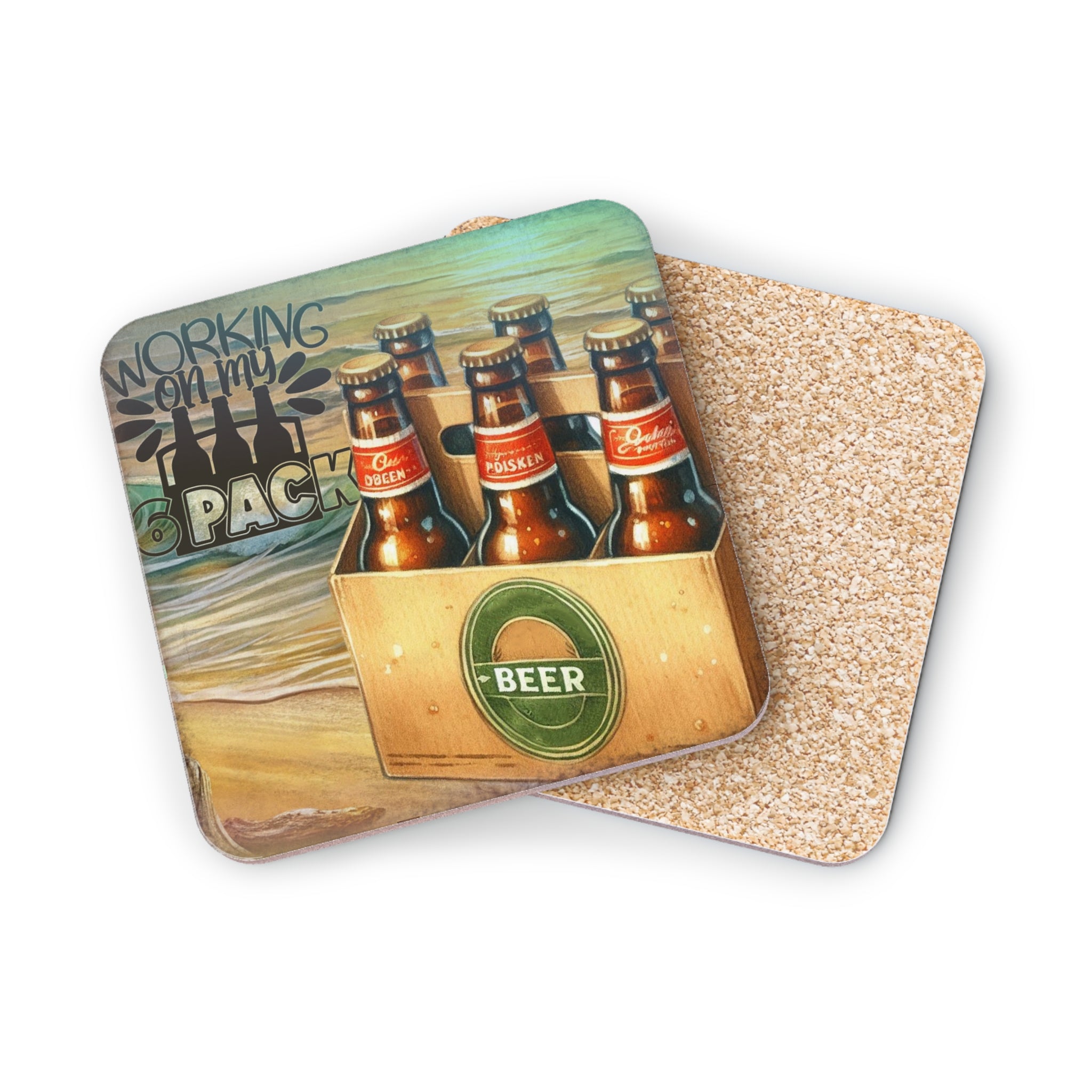 Wooden beer coasters with a beach scene and "Working on my 6 pack" text.