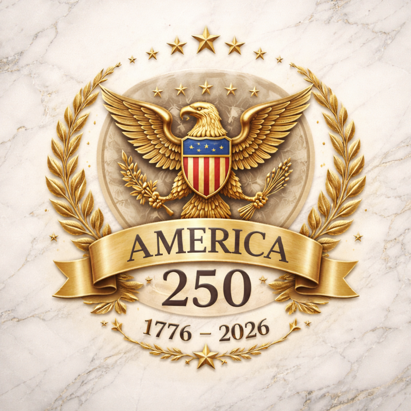 Golden eagle emblem with "AMERICA 250 1776-2026" on ribbon.