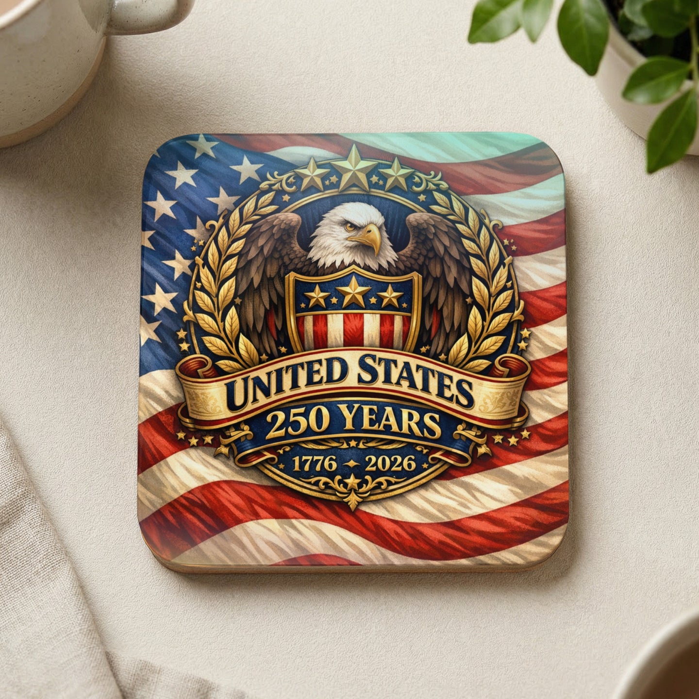 Coaster with eagle emblem celebrating 250 years of United States history, 1776-2026.