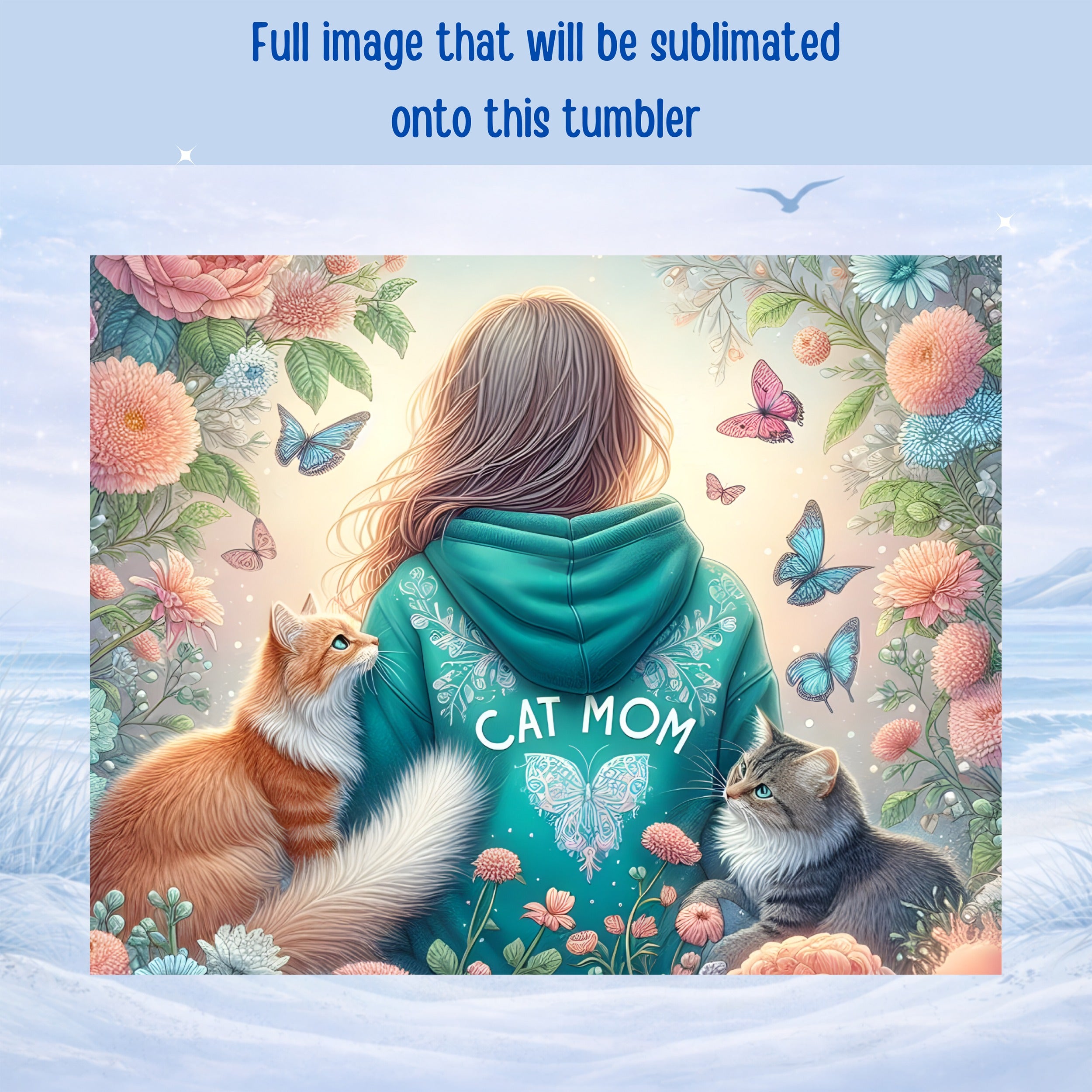 Woman wearing a "Cat Mom" hoodie with cats and butterflies.