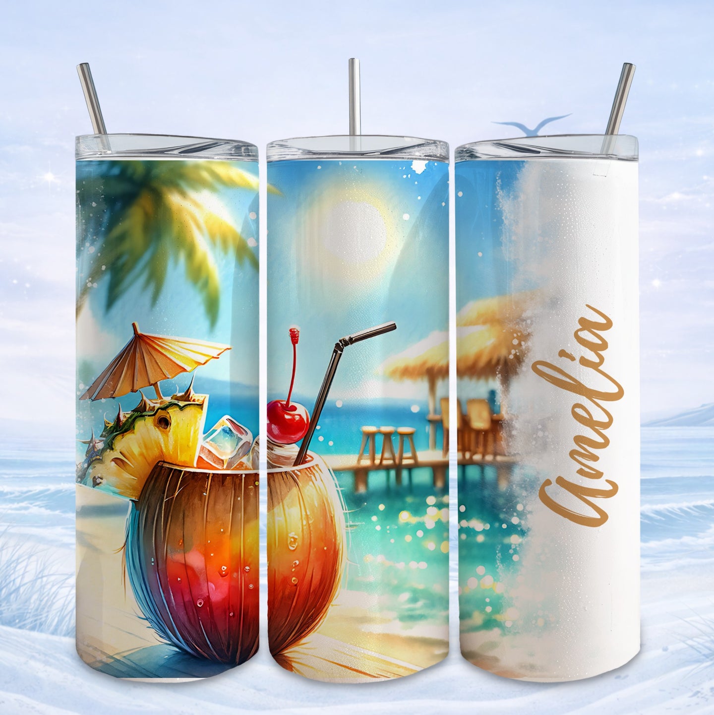 Three tumblers with tropical drinks and beach scenes, one personalized with "Amelia."