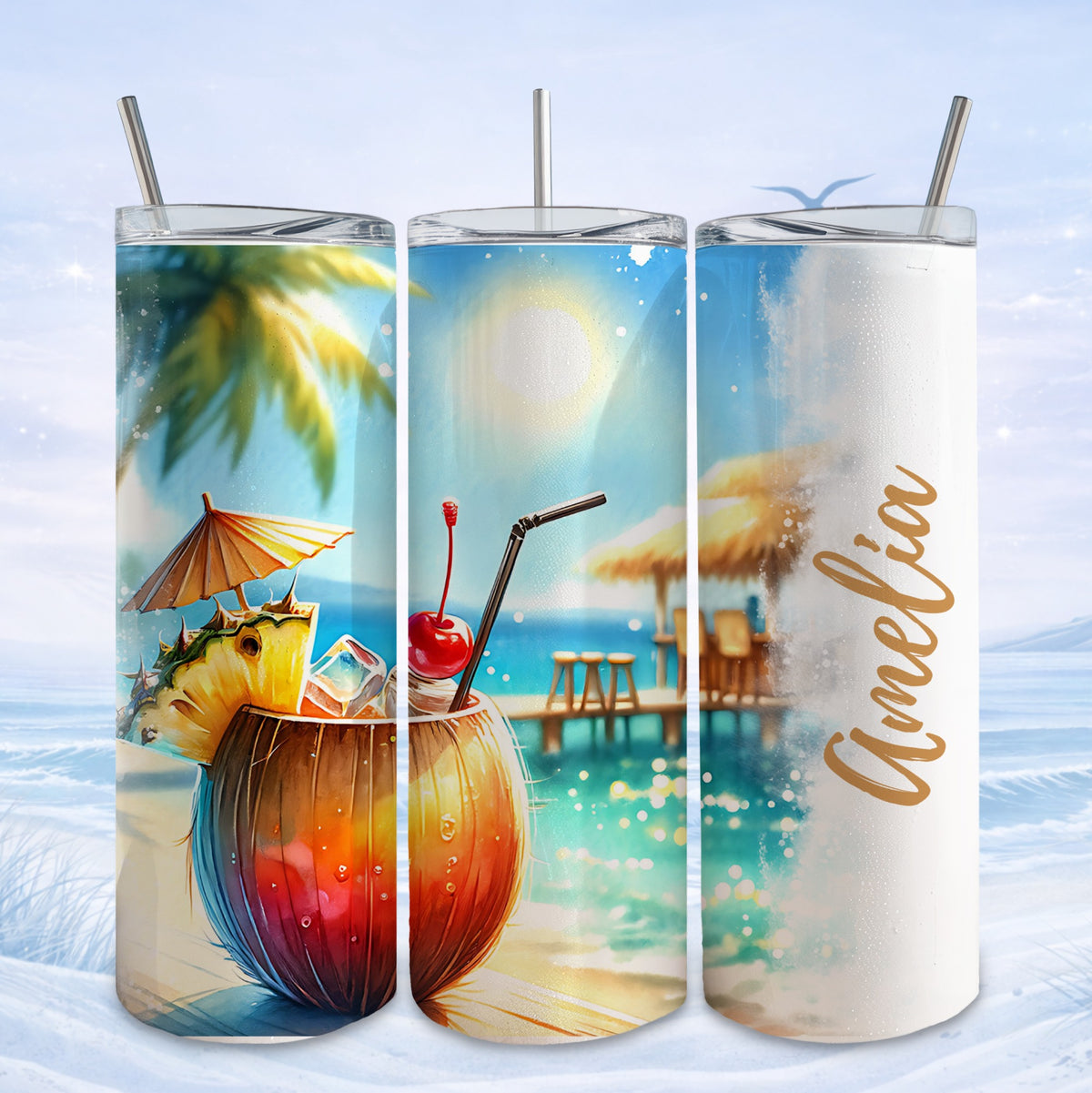 Three tumblers with tropical drinks and beach scenes, one personalized with "Amelia."