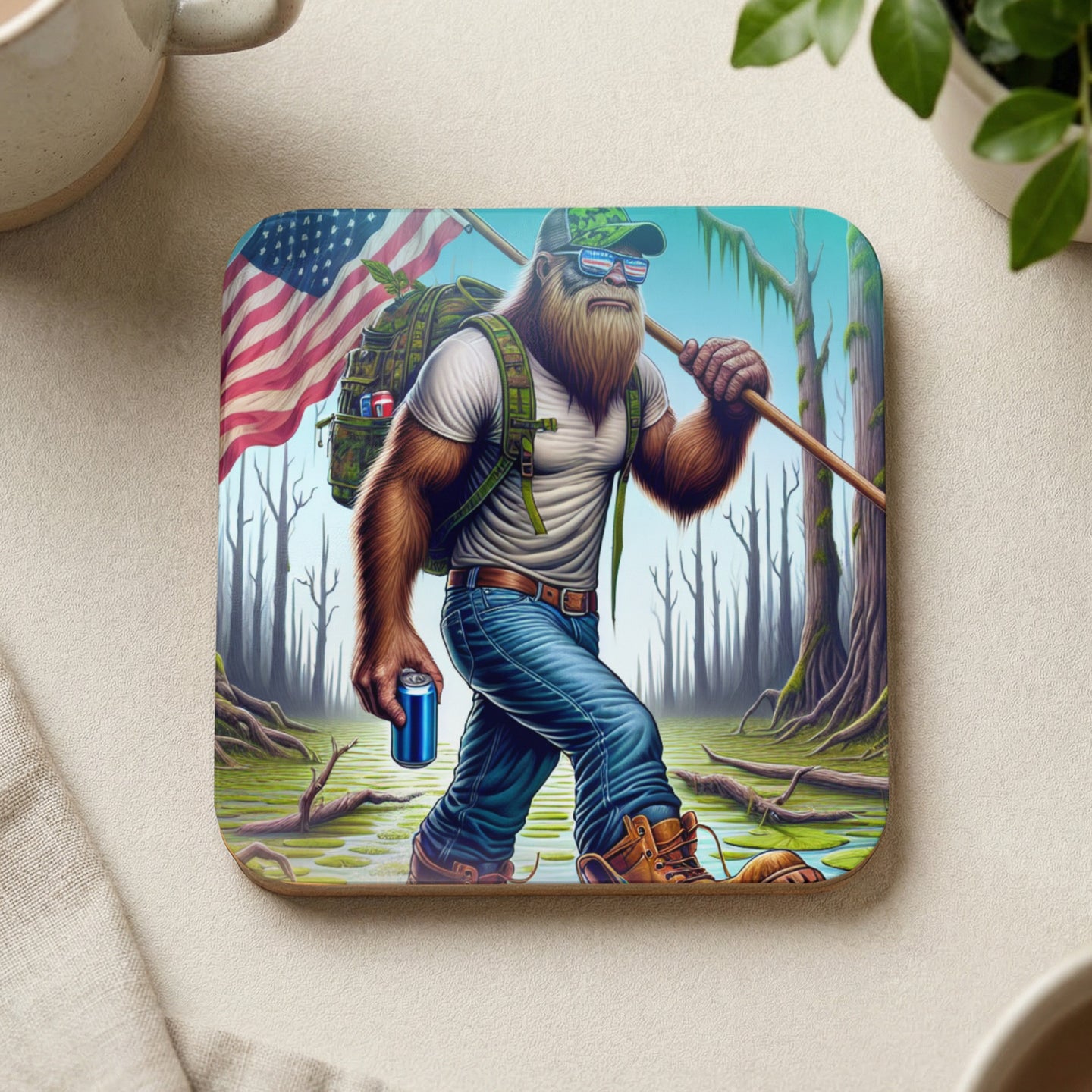 Bigfoot carrying American flag and drink through swampy forest.