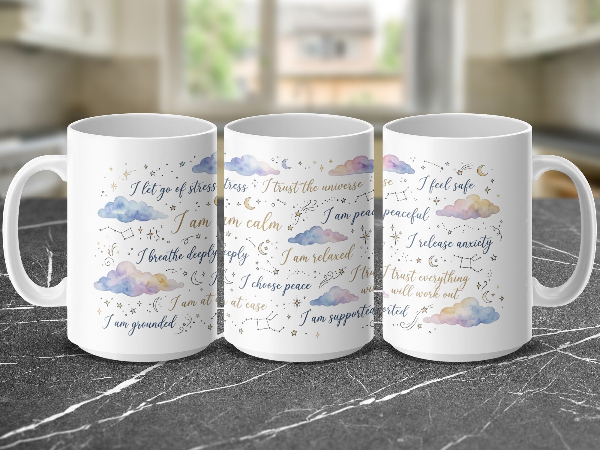 Mug with watercolor celestial design and affirmation text.