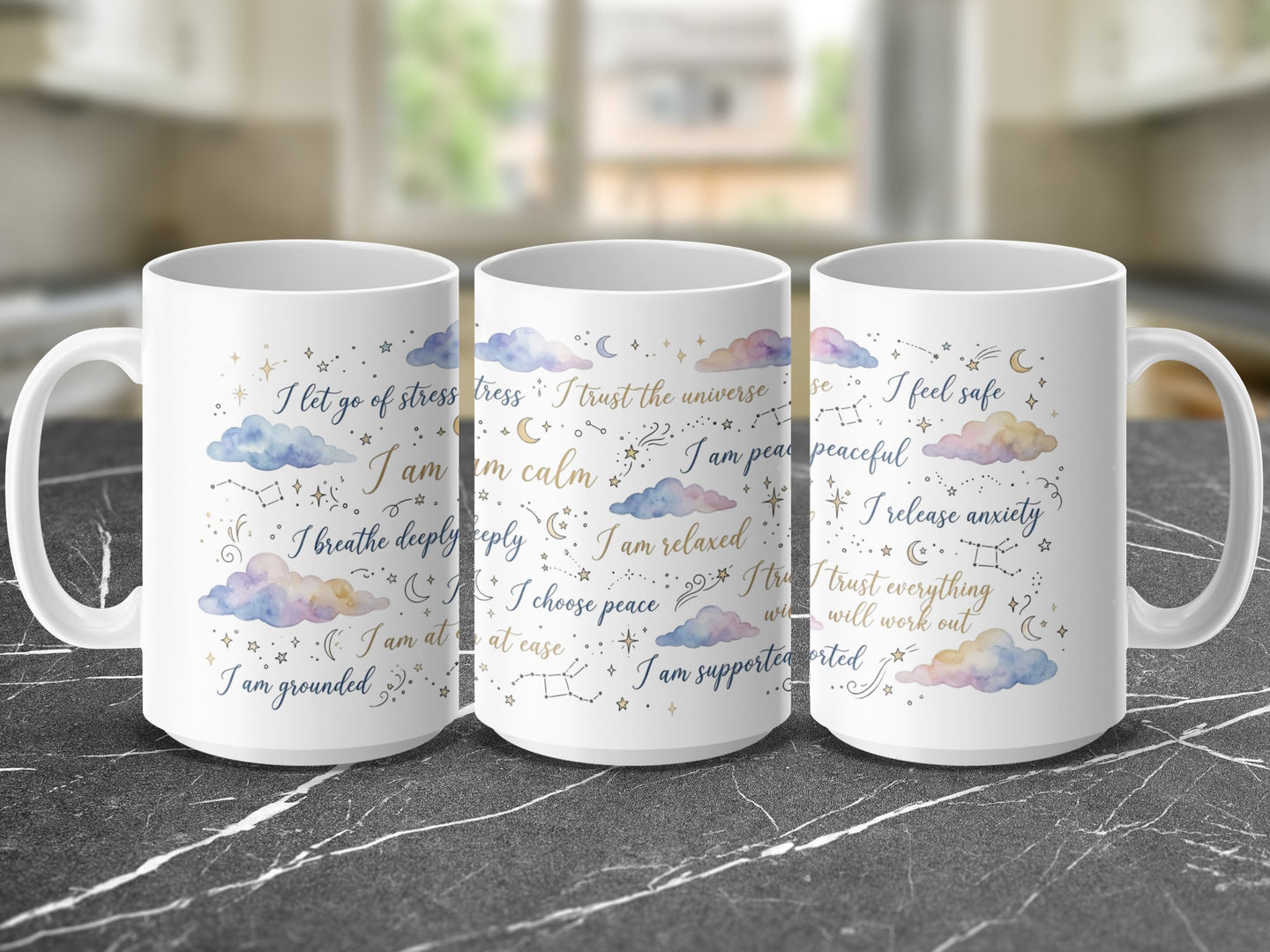 Mug with watercolor celestial design and affirmation text.