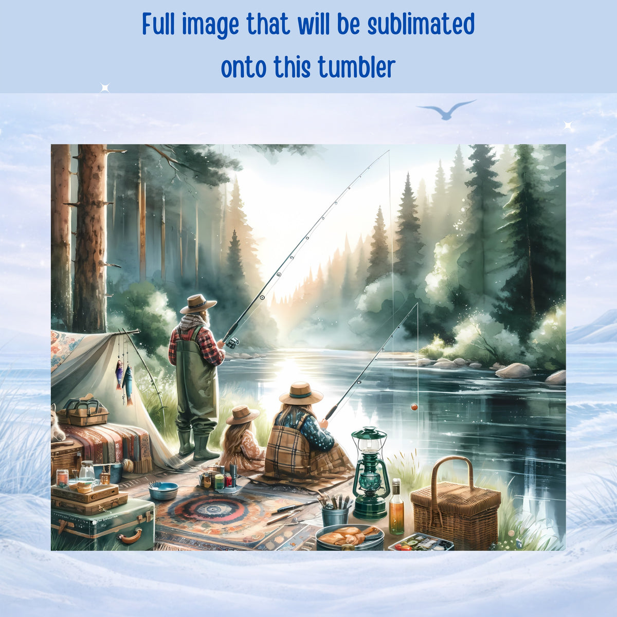 Campers fishing by lake with tent and picnic, sublimation design.