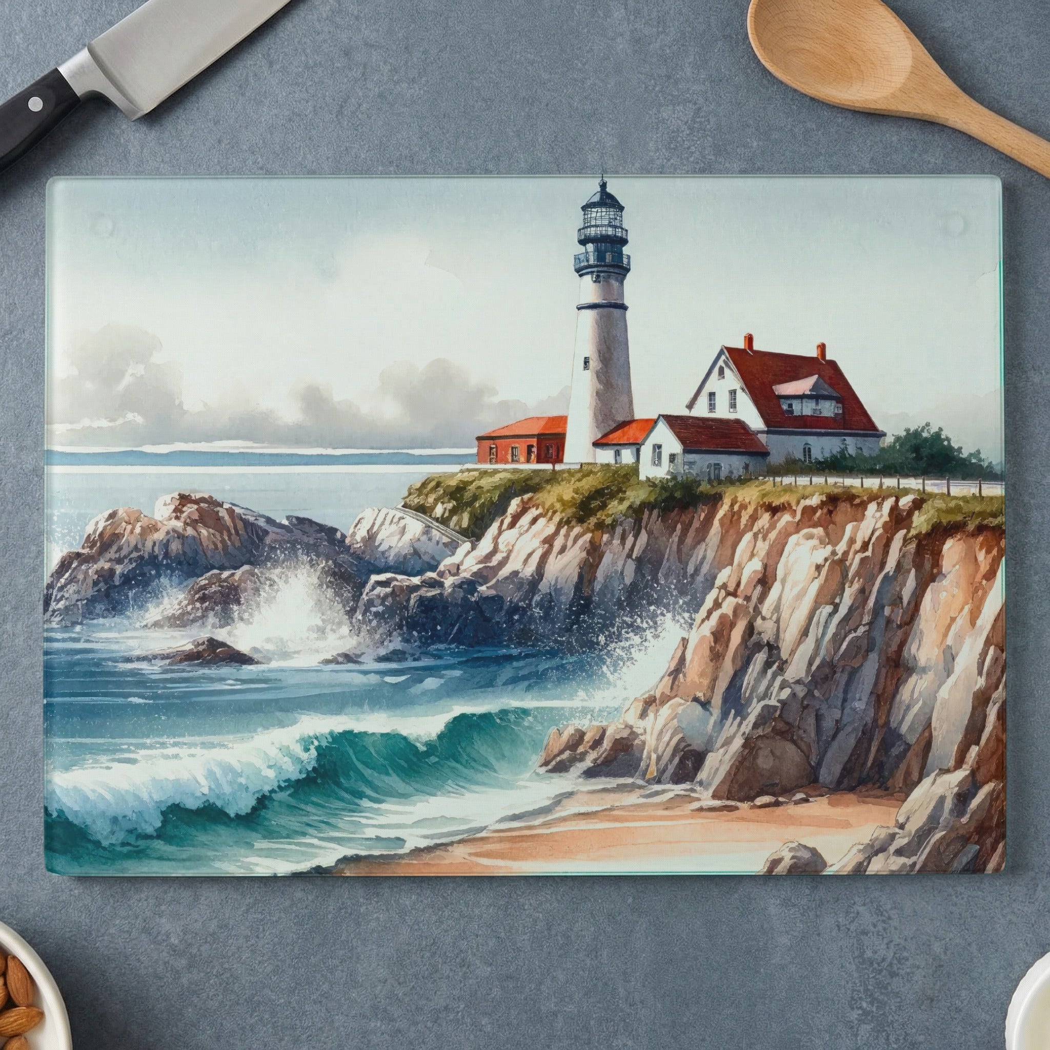 Watercolor lighthouse on rocky coast with crashing waves.