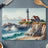 Watercolor lighthouse on rocky coast with crashing waves.