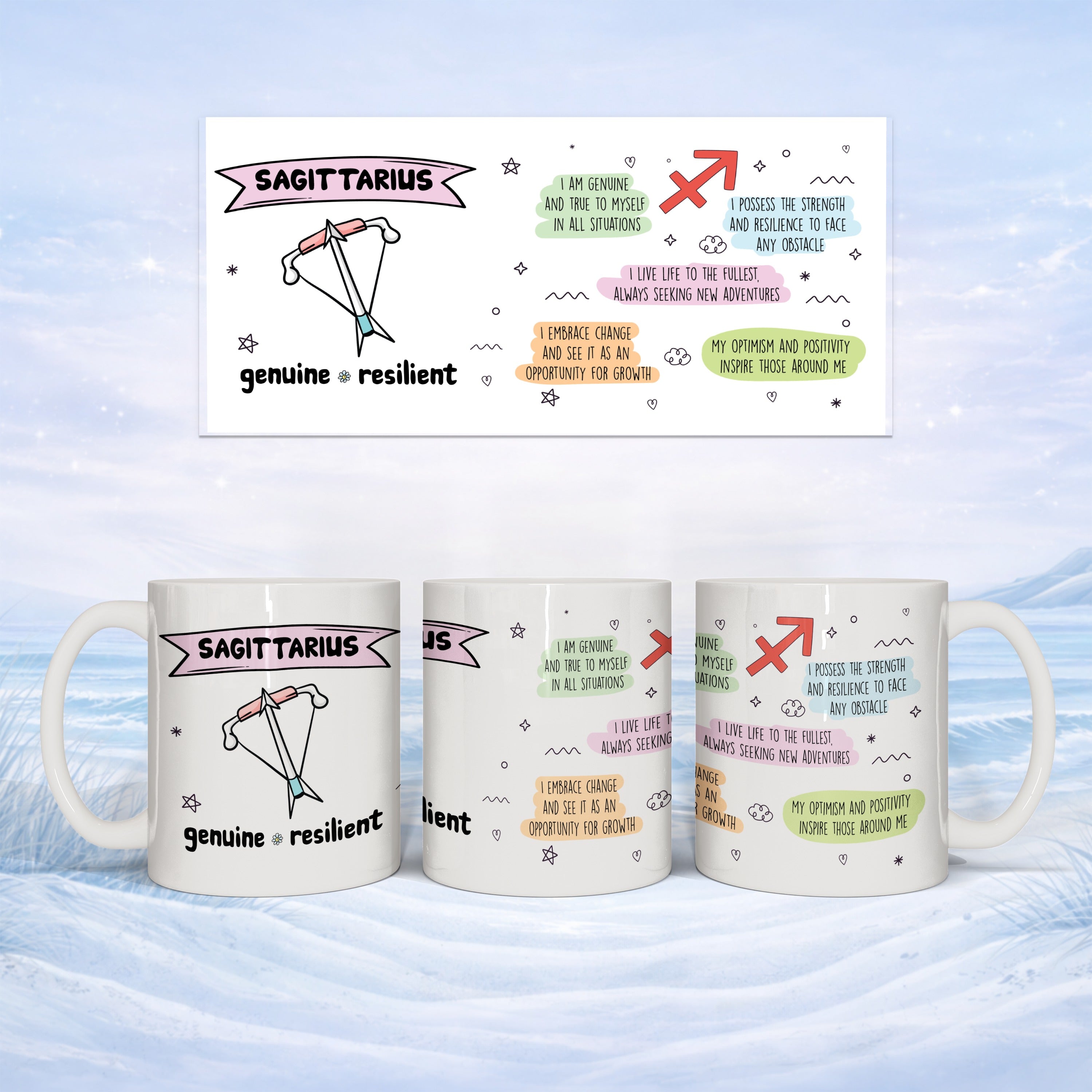 Sagittarius mug with horoscope text "genuine resilient" and affirmations.