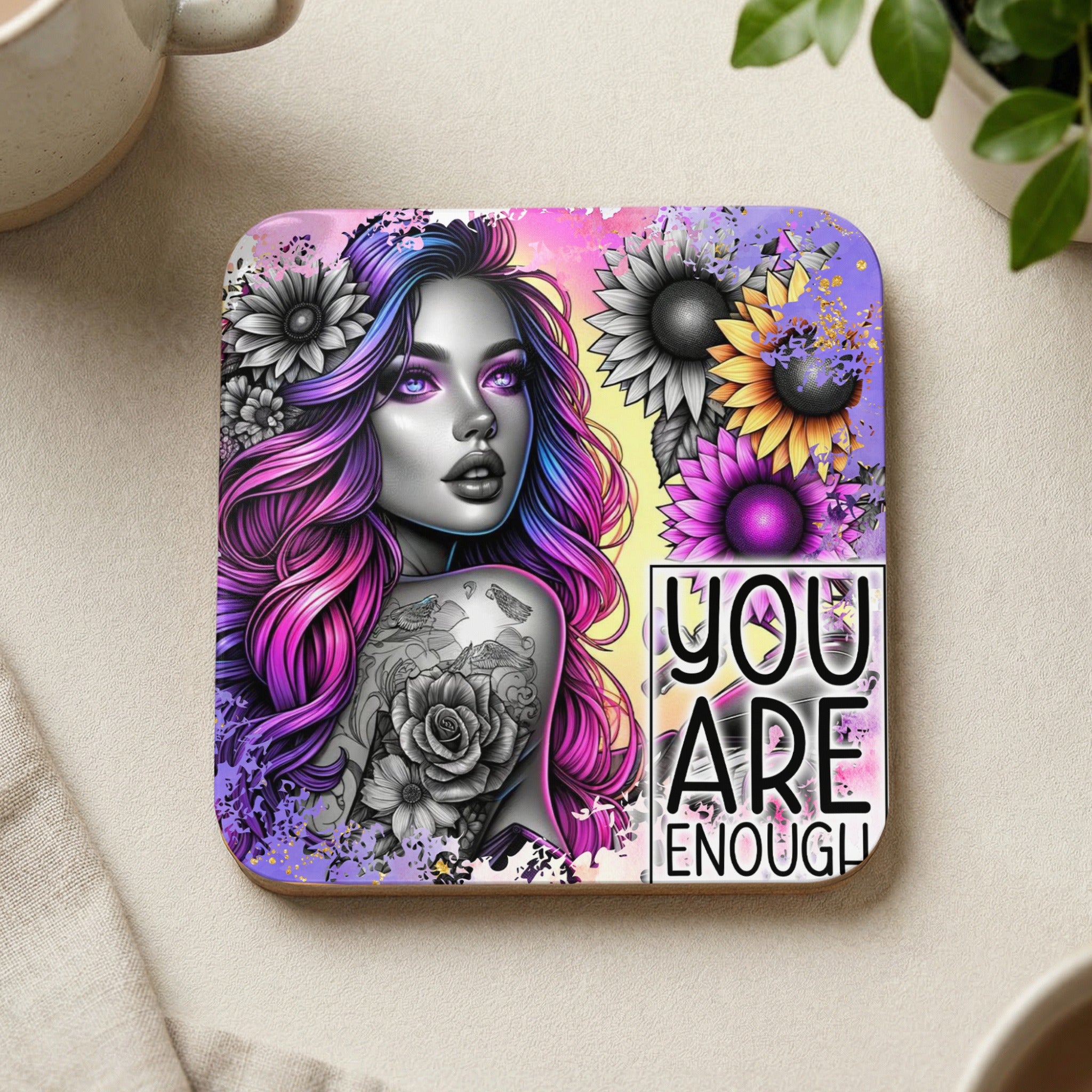 Woman with purple hair and floral tattoos, with "You are enough" text.