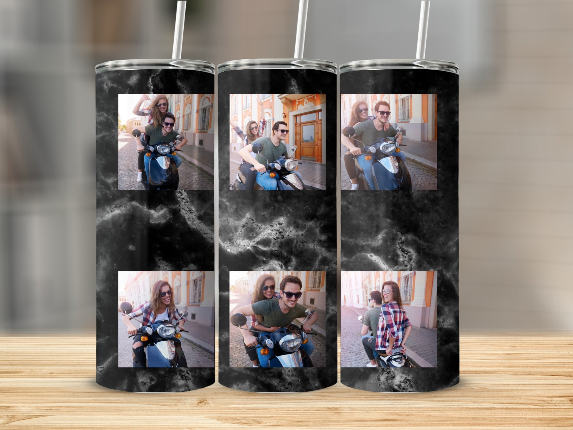 Tumbler with three panels of people riding scooters, set against a black marble background.