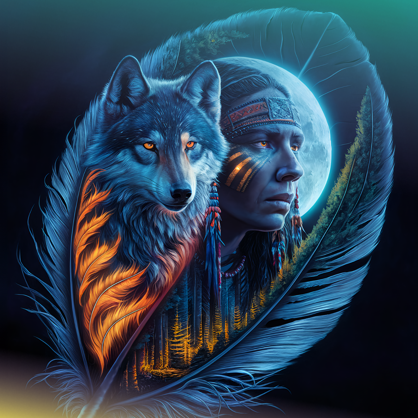 Wolf and Native American profile superimposed on a large feather, under moonlight.