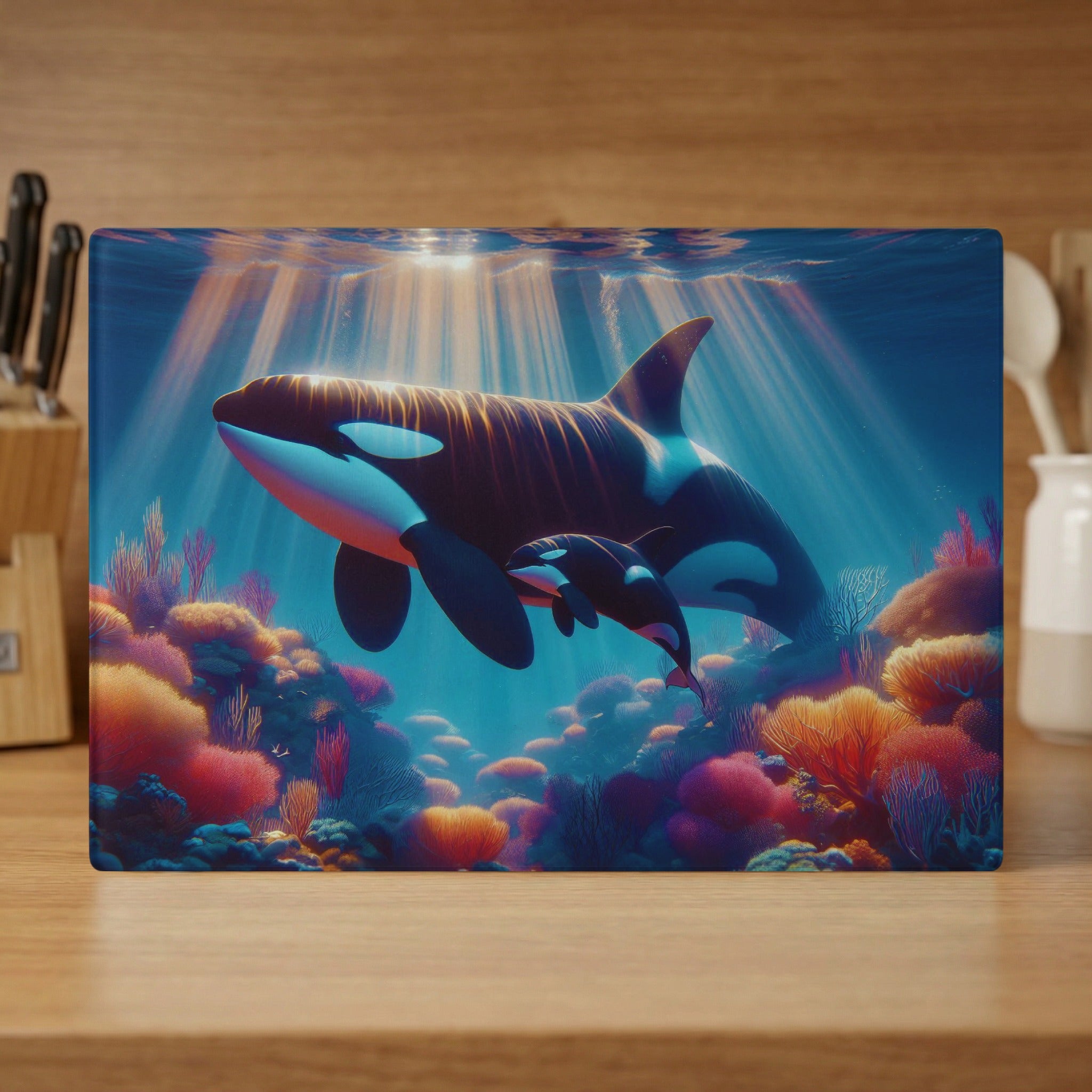 Orcas swim through colorful coral reefs under sunbeams.