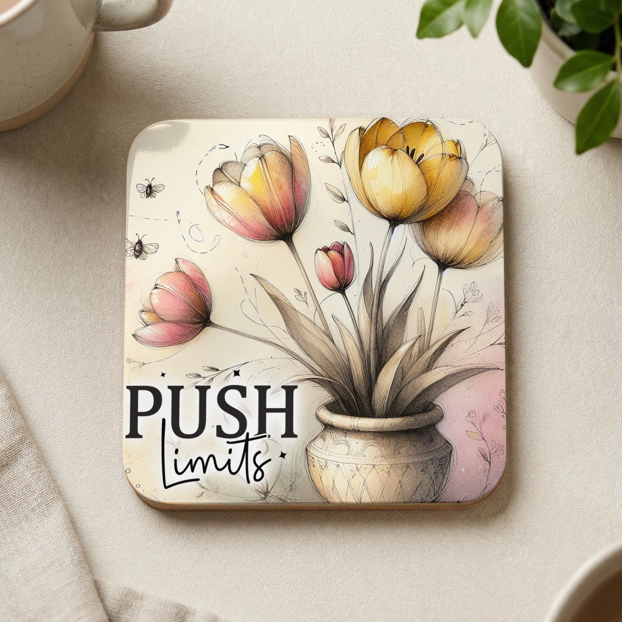 Coaster with painted tulips in a pot and the text "PUSH LIMITS".