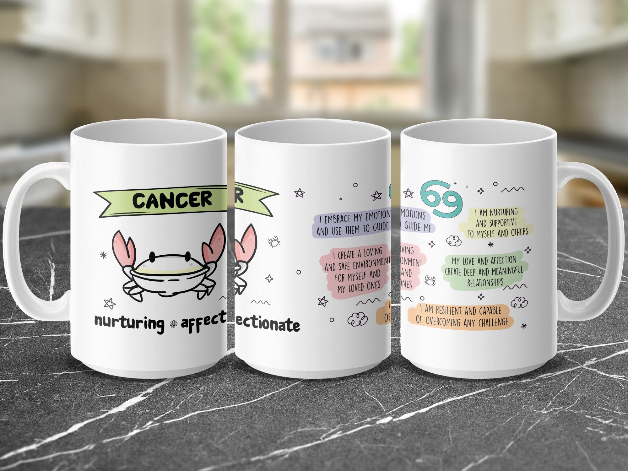 White mug with Cancer zodiac sign, crab, and empowering affirmations.