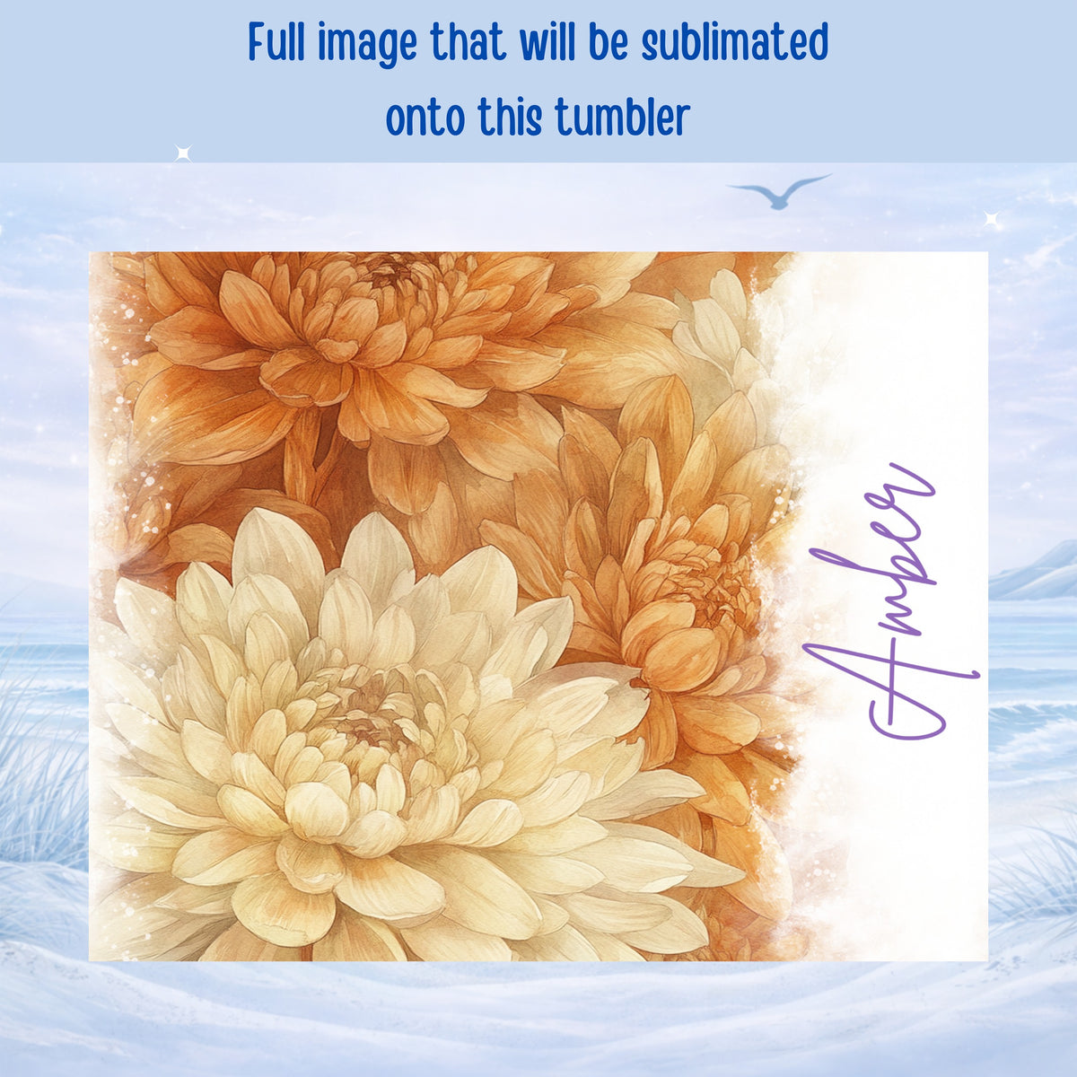 Dahlia flowers in warm tones, with "Amber" text.