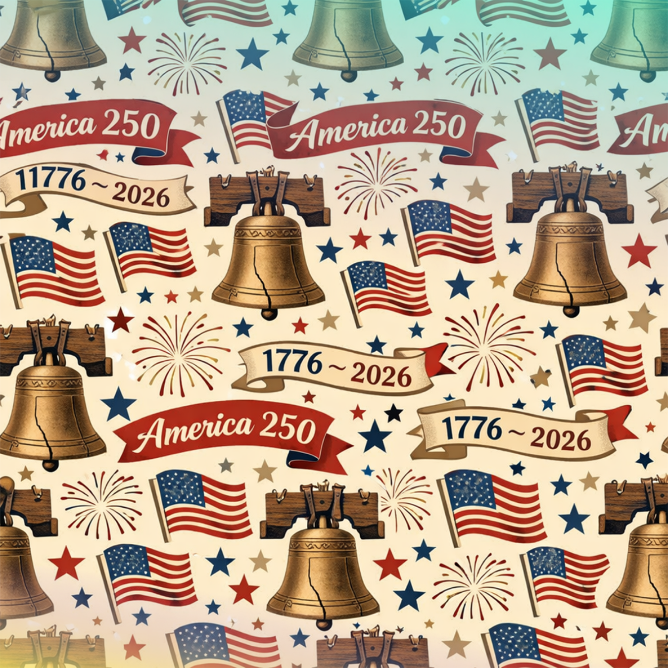 Liberty Bell, American flags, and fireworks pattern with "America 250" and "1776~2026".