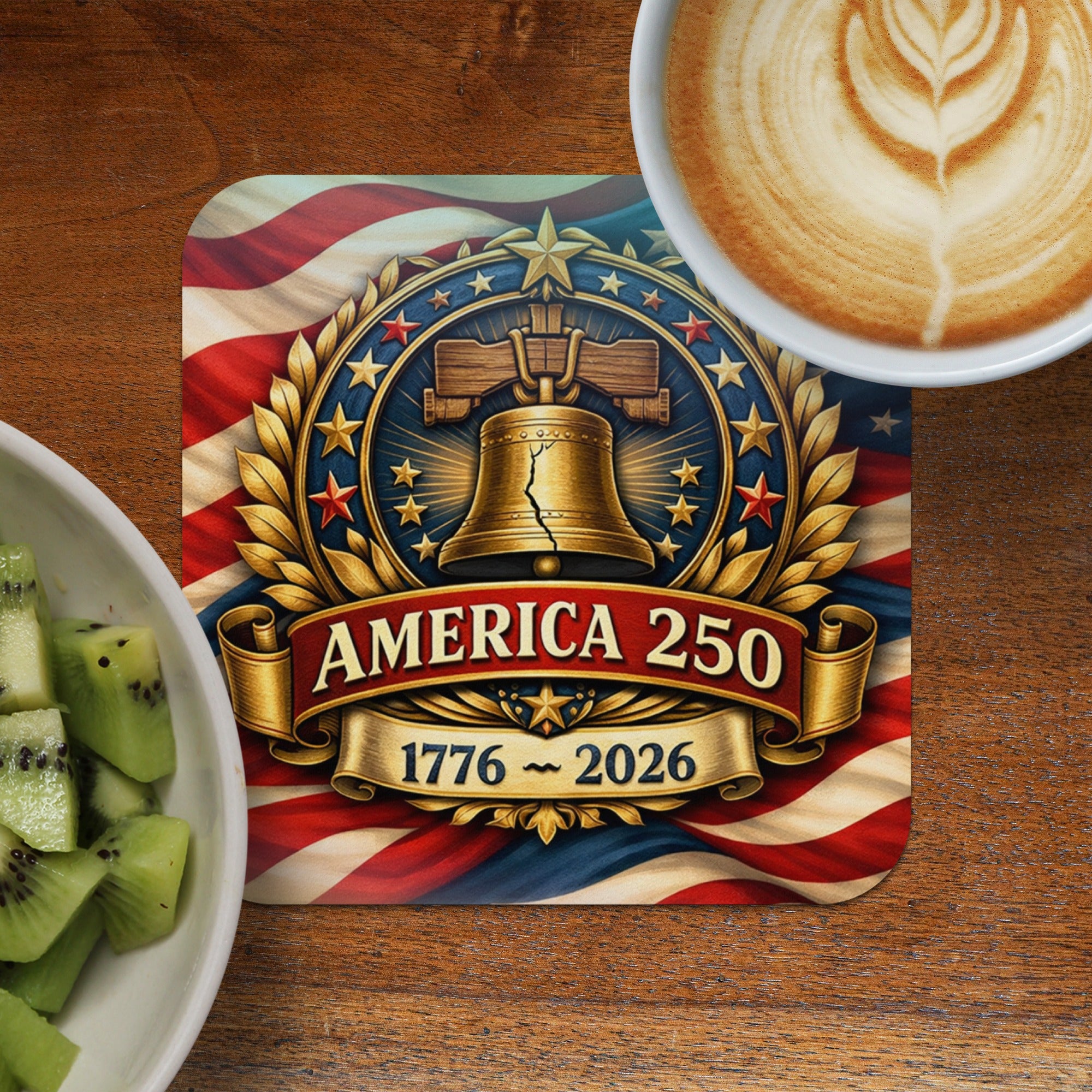 Round coaster with Liberty Bell, stars, stripes, and "America 250" text.