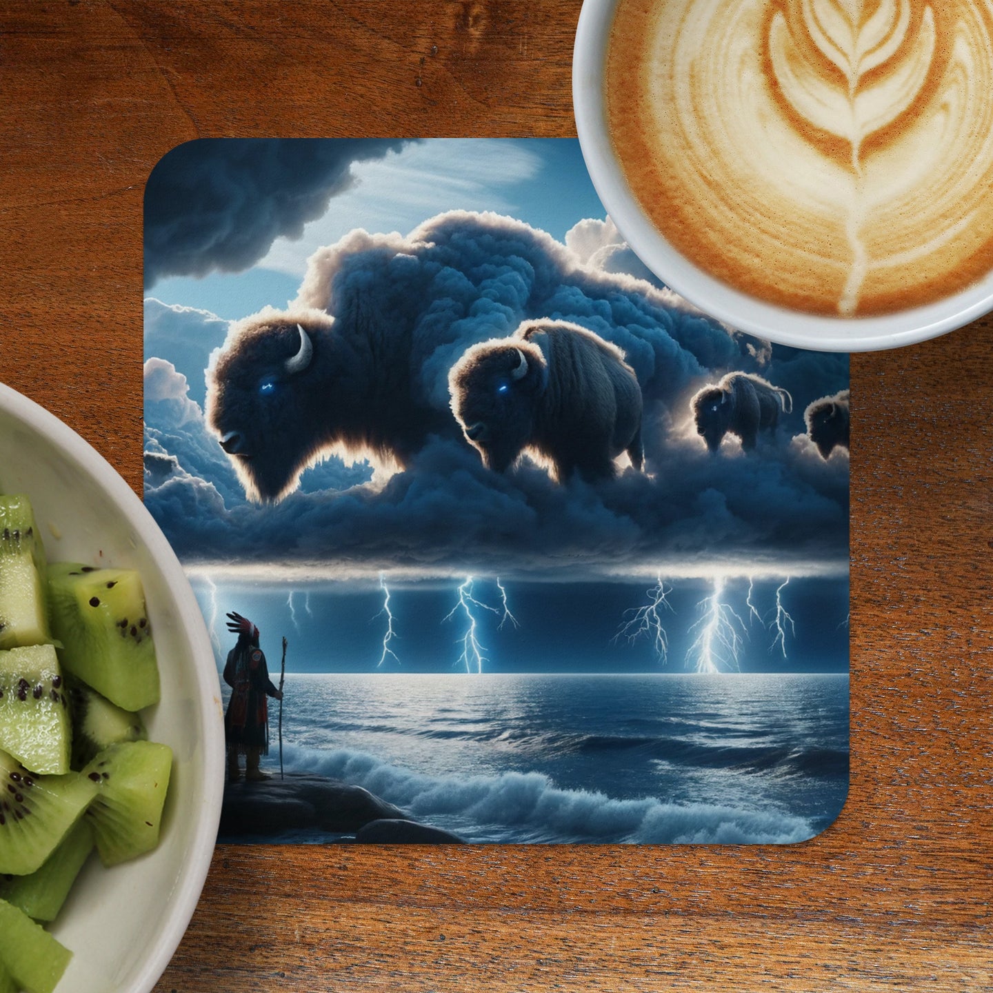 Stormy sky with bison-shaped clouds over a stormy sea, Native American figure stands on shore.