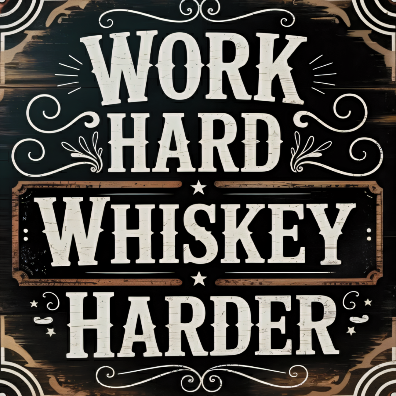 Wooden sign with "WORK HARD WHISKEY HARDER" text on a dark background.